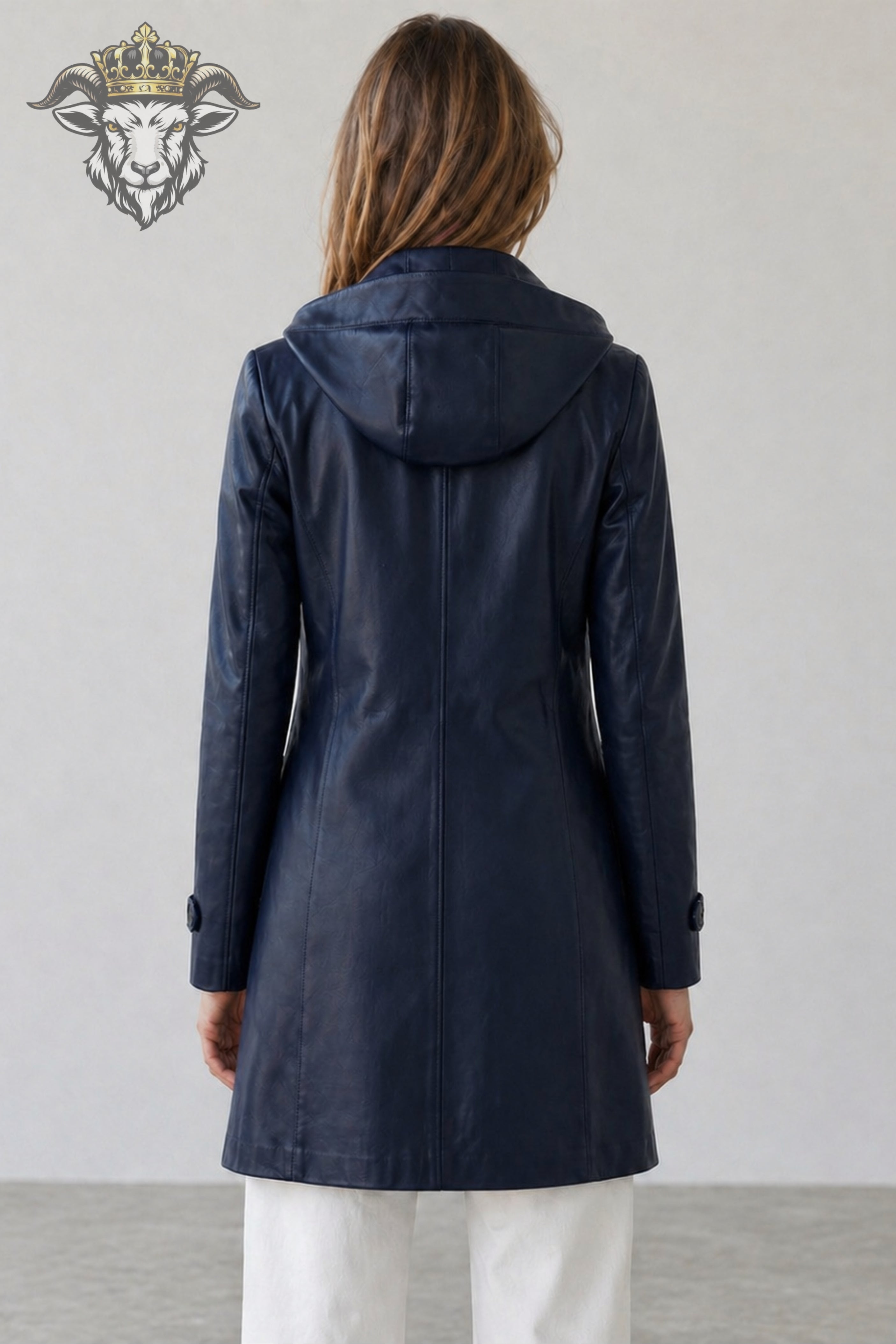 Women’s Navy Blue Real Leather Hooded Coat