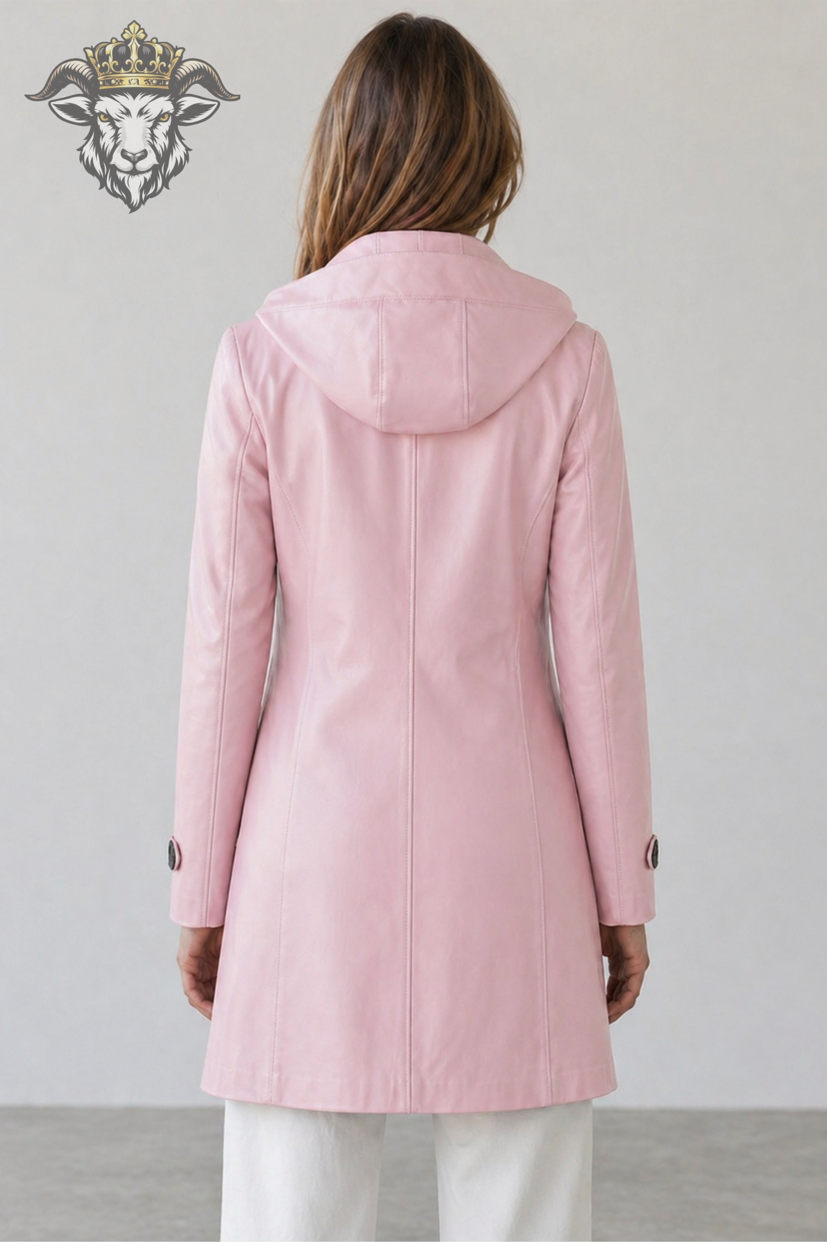 Women’s Baby Pink Real Leather Hooded Coat