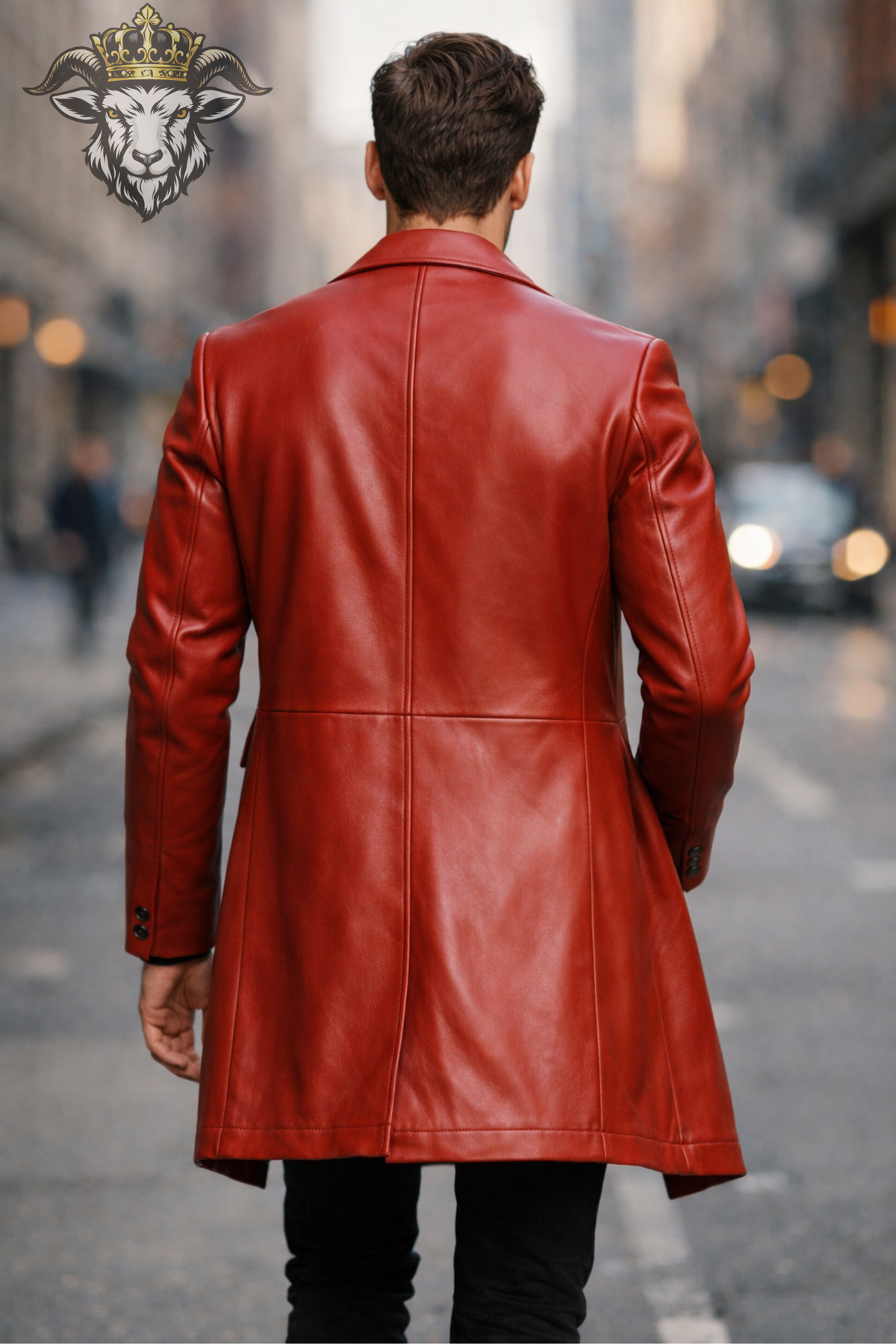 Men's Red Real Leather Coat, Mid-Thigh 3 Button Leather Overcoat, Slim Tailored Lapel Jacket, Modern Men's Winter Outerwear