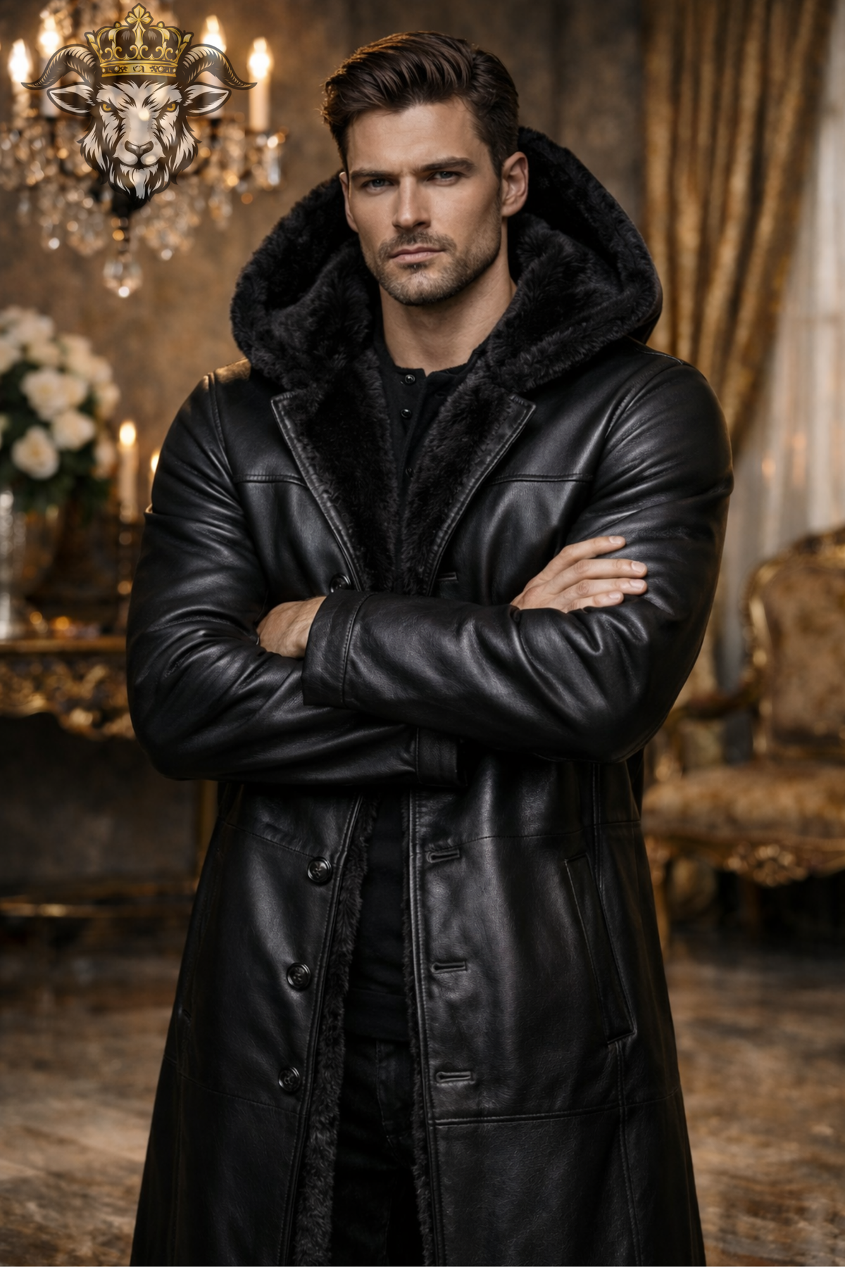 Men's Black Real Leather Hooded Long Coat, Fur Lined Winter Coat, Below Knee Button Closure Luxury Leather Trench Coat, Warm Outerwear Jacket