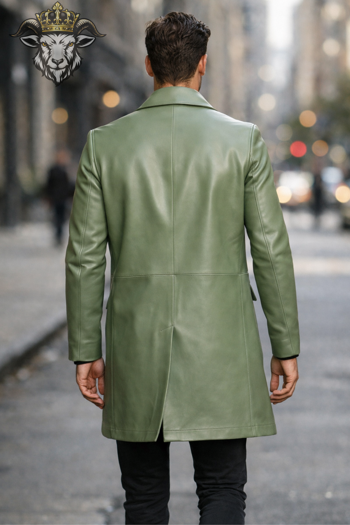 Men's Light Green Real Leather Coat, Tailored Mid-Thigh Leather Jacket, 3 Button Lapel Overcoat, Modern Luxury Mens Outerwear
