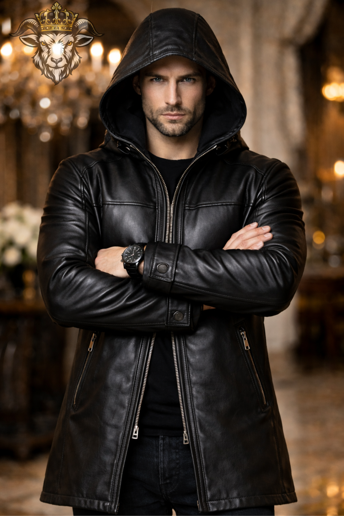 Men’s Black Genuine Leather Hooded Long Coat, Above Knee Winter Jacket, Zip Front Biker Trench Coat, Stylish Gothic Outerwear