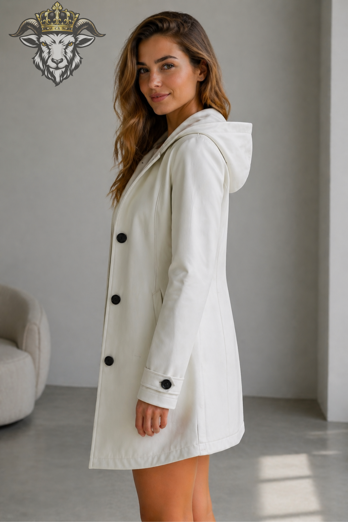 Women’s White Faux Leather Hooded Trench Coat – Tailored Long Jacket with Black Buttons, Stylish Winter Outerwear