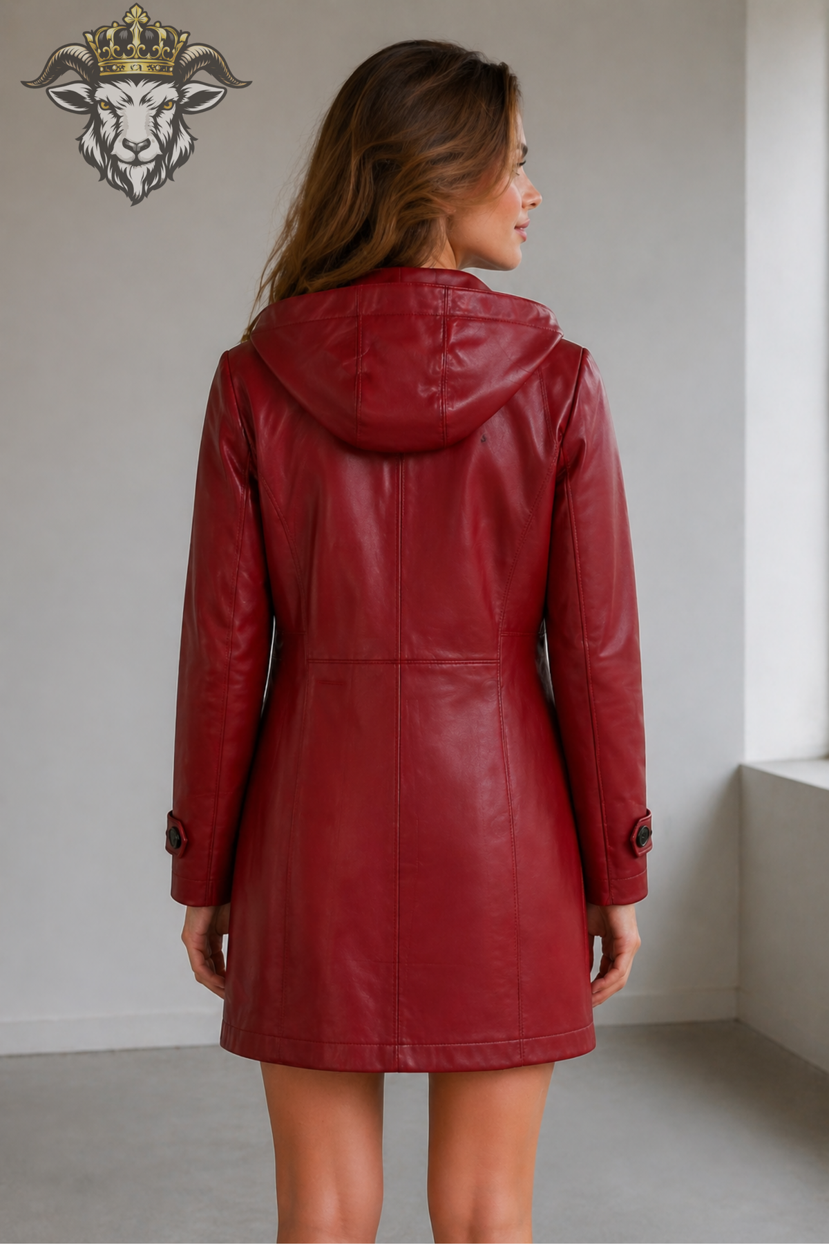 Women's Burgundy Leather Hooded Coat – Premium Tailored Long Jacket with Black Buttons