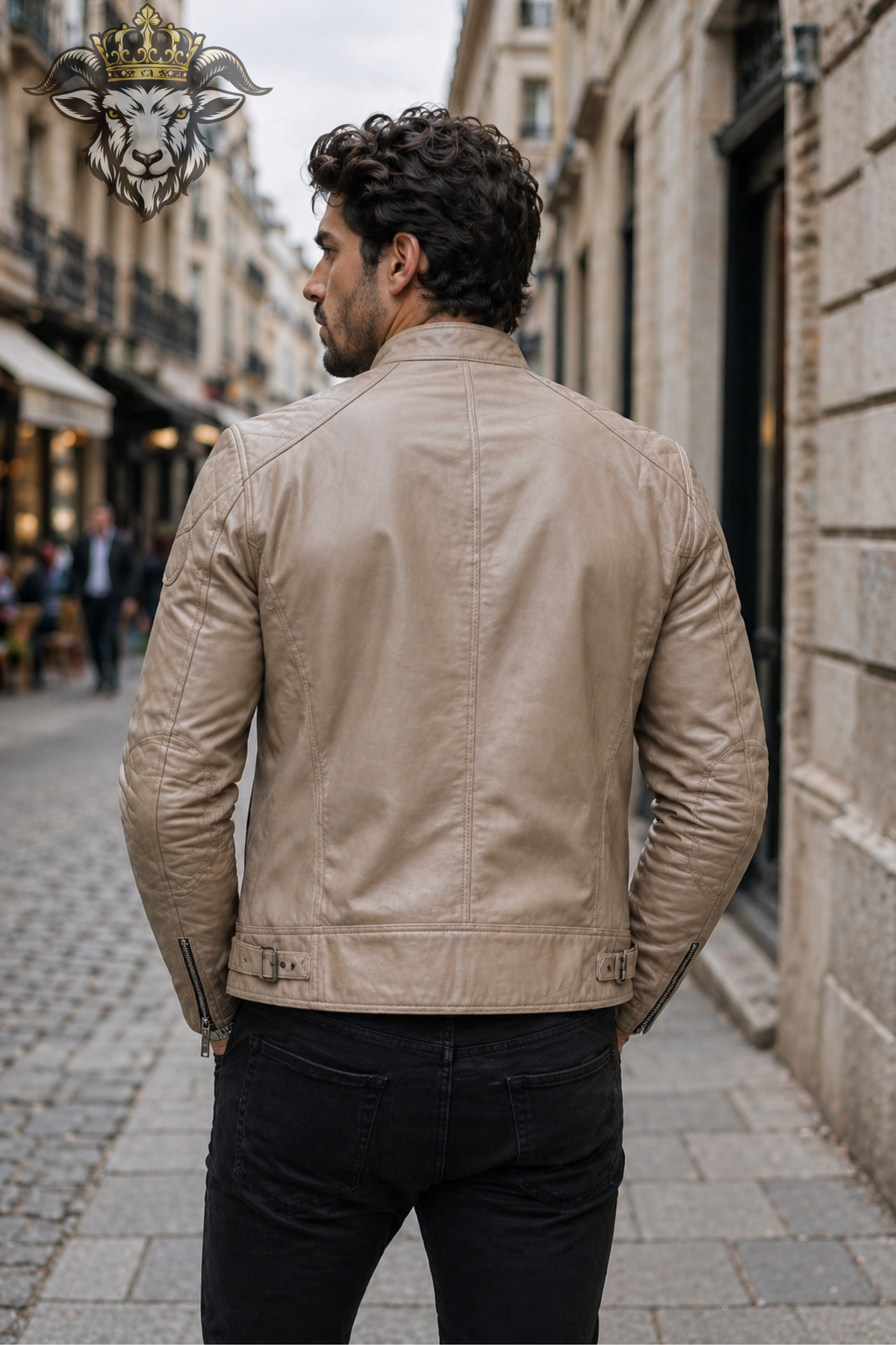 Men's Beige Leather Biker Jacket – Slim Fit Real Leather Moto Jacket, Vintage Cafe Racer Jacket with Quilted Shoulders