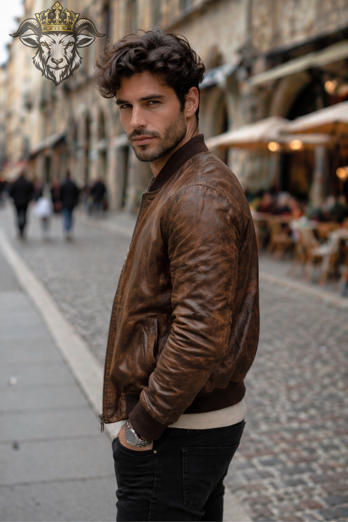 Men's Distressed Brown Leather Bomber Jacket, Vintage Aviator Style Jacket, Weathered Leather Coat, Ribbed Collar Casual Outerwear