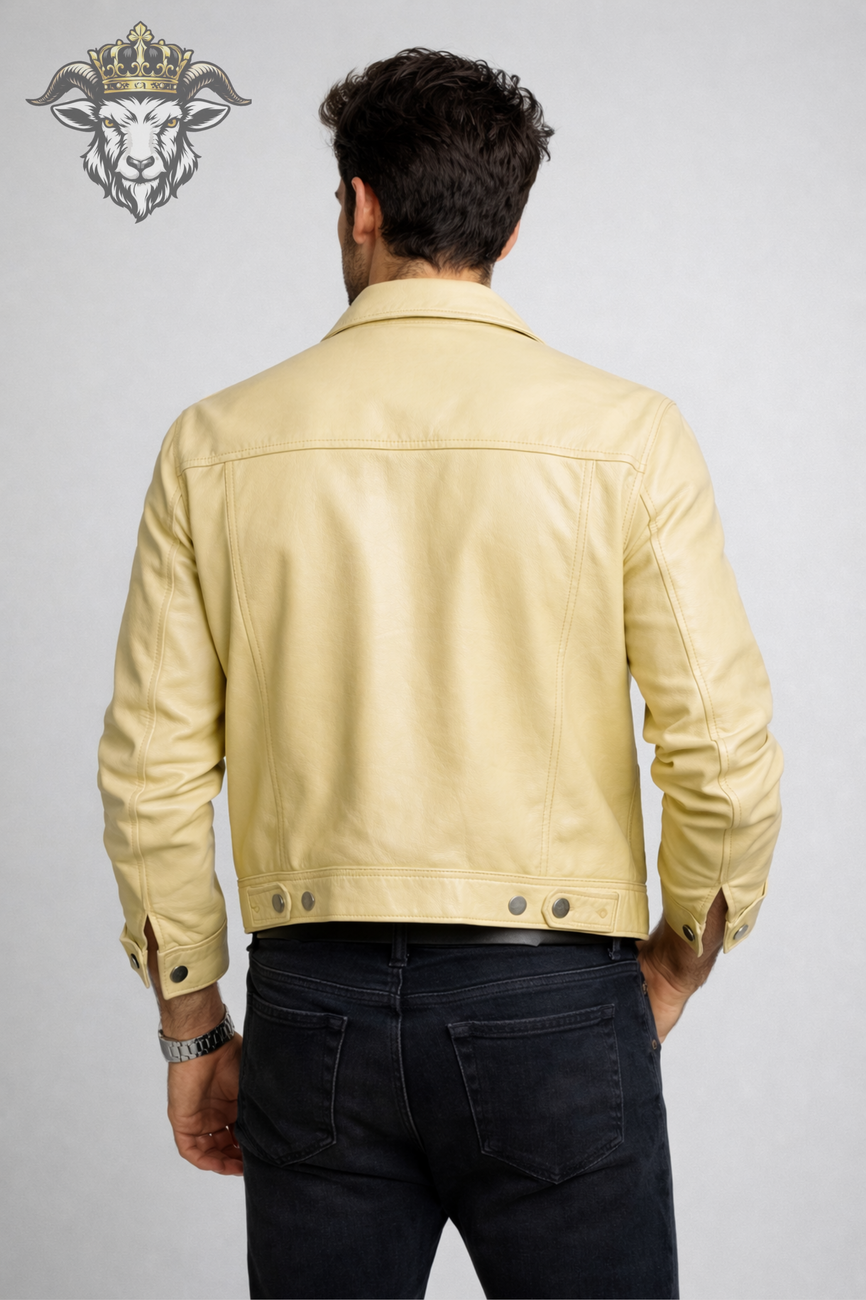 Men’s Pale Yellow Real Leather Trucker Jacket