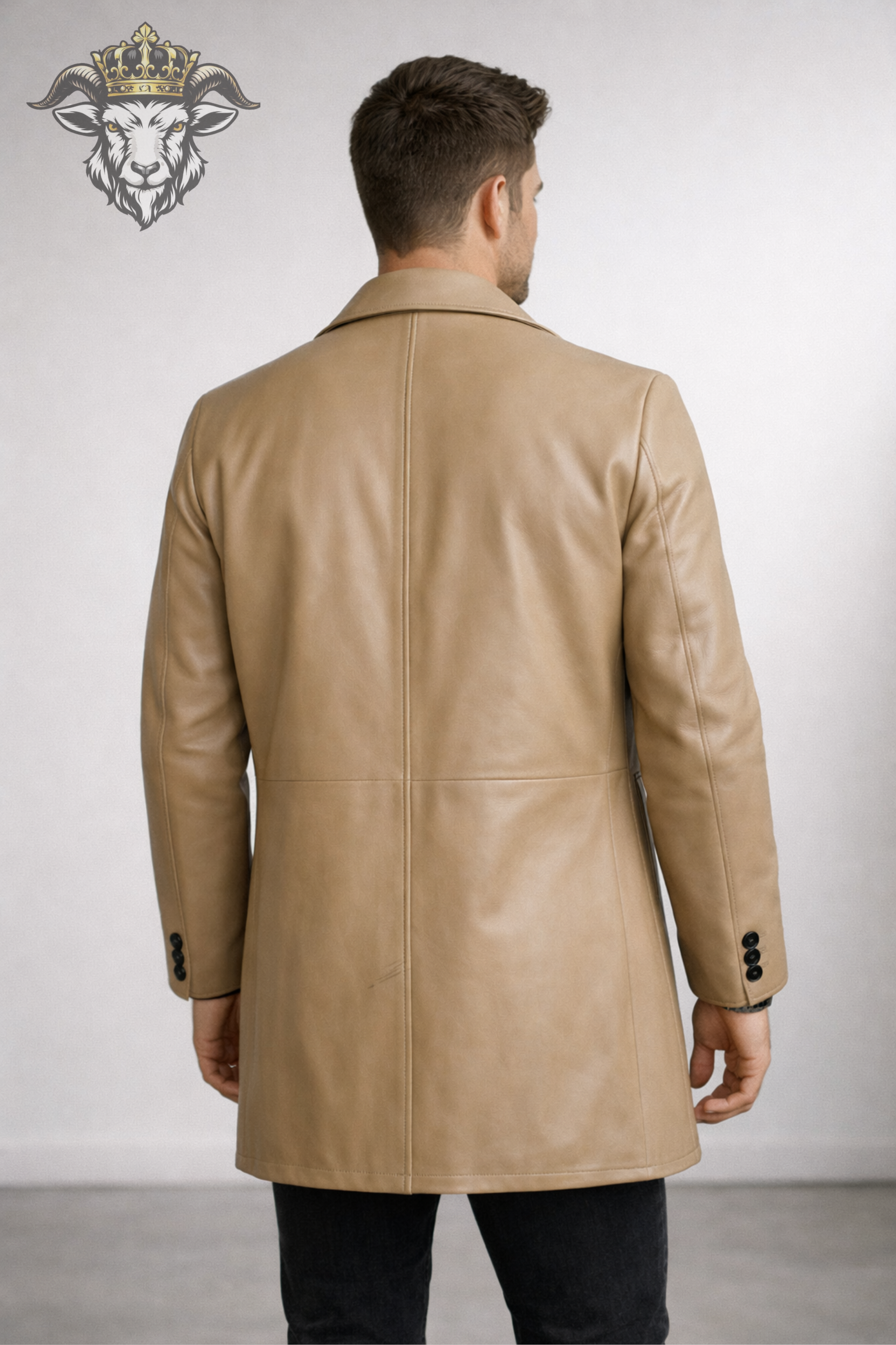 Men’s Real Leather Coat – Premium Beige Mid-Length Leather Jacket with Classic Lapel, Tailored Fit Winter Overcoat for Men