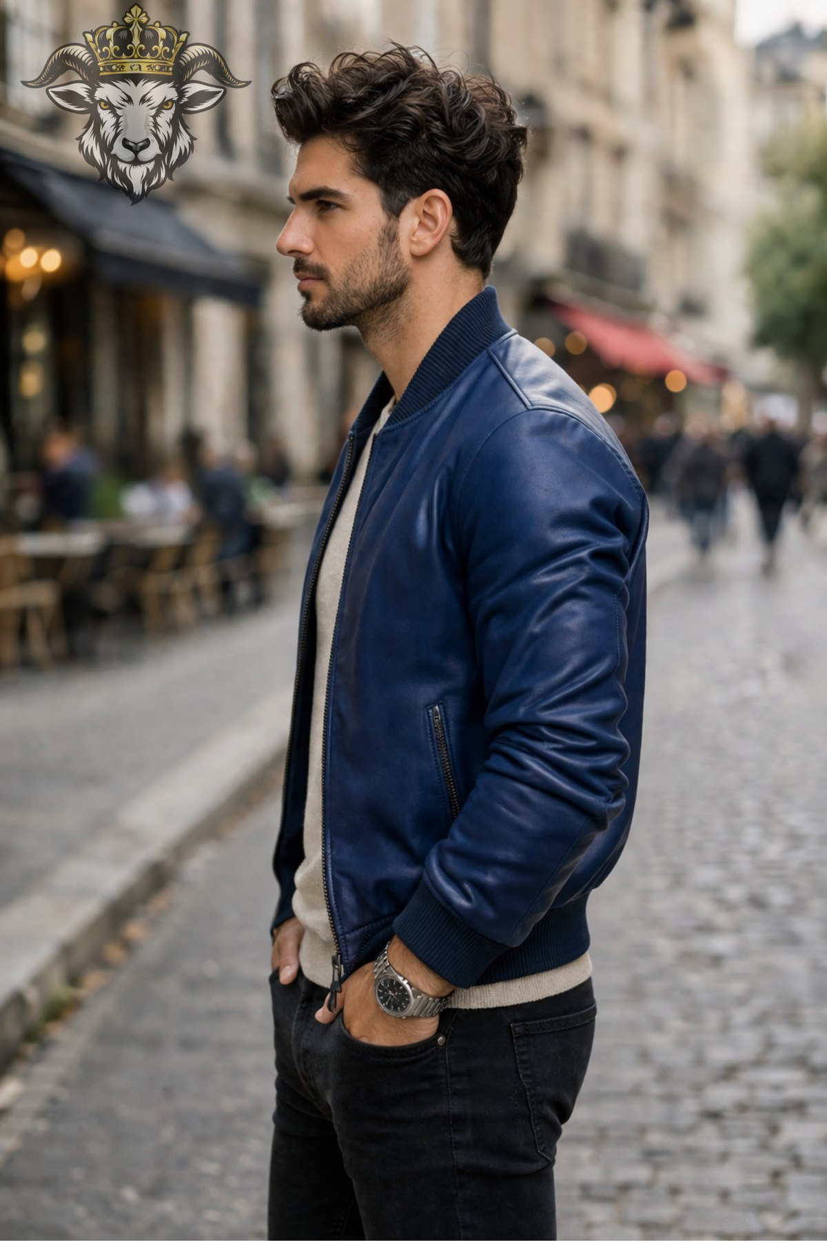 Men's Navy Blue Leather Bomber Jacket, Ribbed Collar Zip Up Jacket, Classic Flight Style Outerwear, Modern Casual Men's Fashion