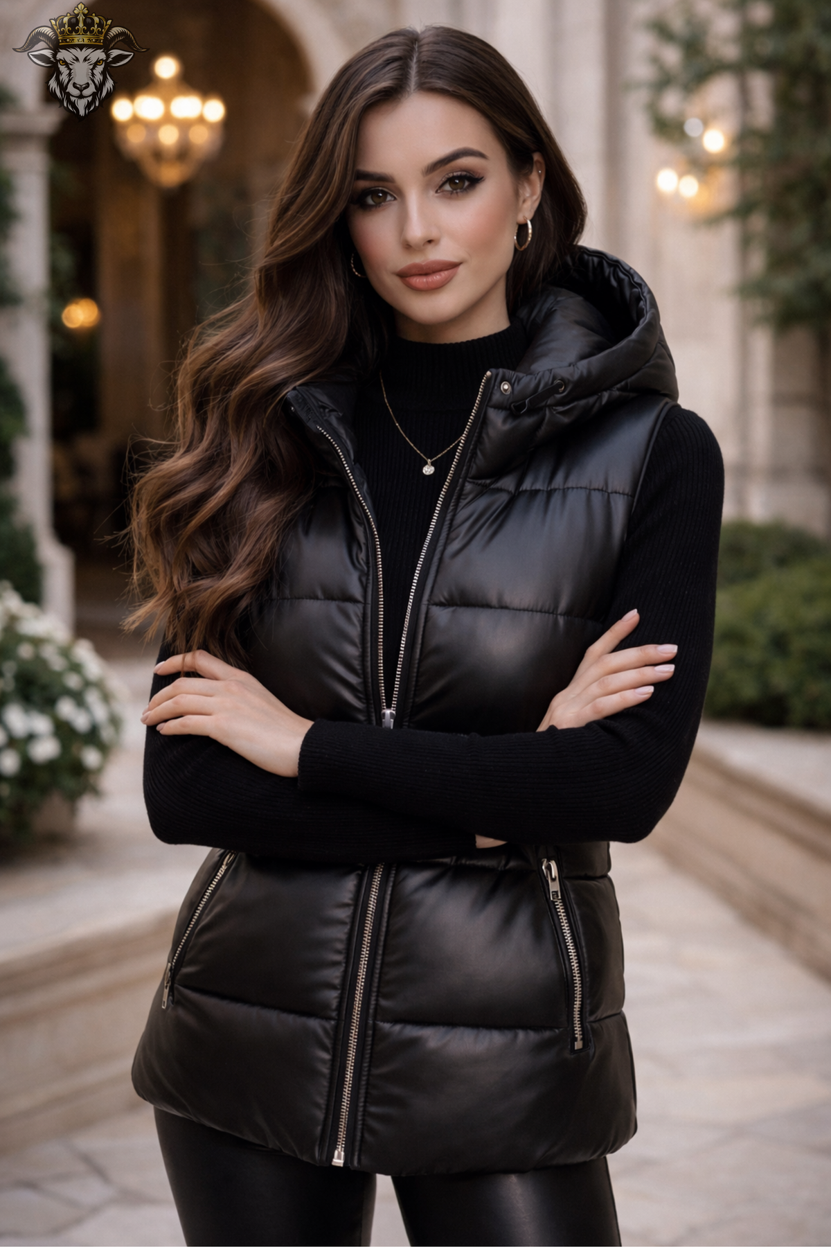 Women’s Black Leather-Look Hooded Puffer Vest, Quilted Sleeveless Winter Jacket, Longline Insulated Gilet, Stylish Casual Outerwear