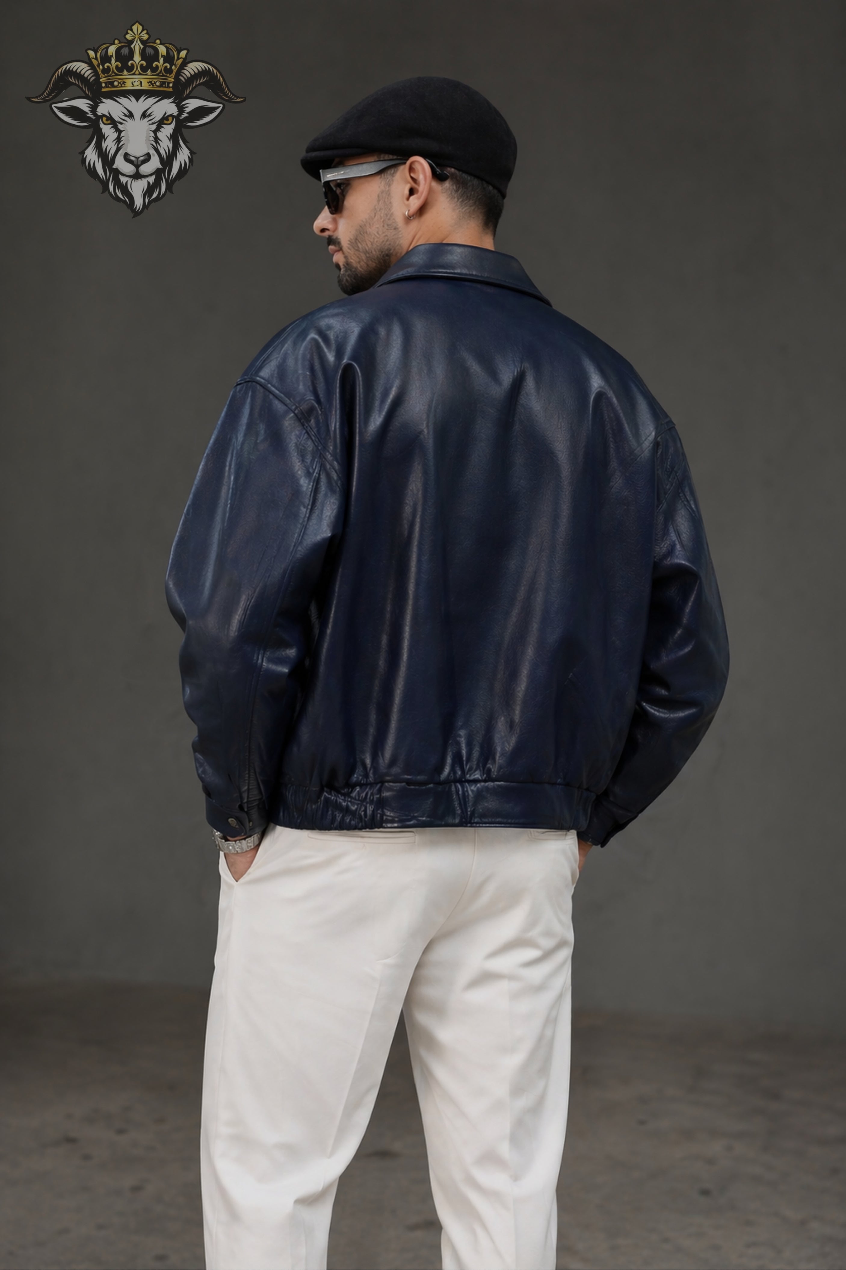 Men’s Navy Blue Oversize Real Leather Bomber Jacket