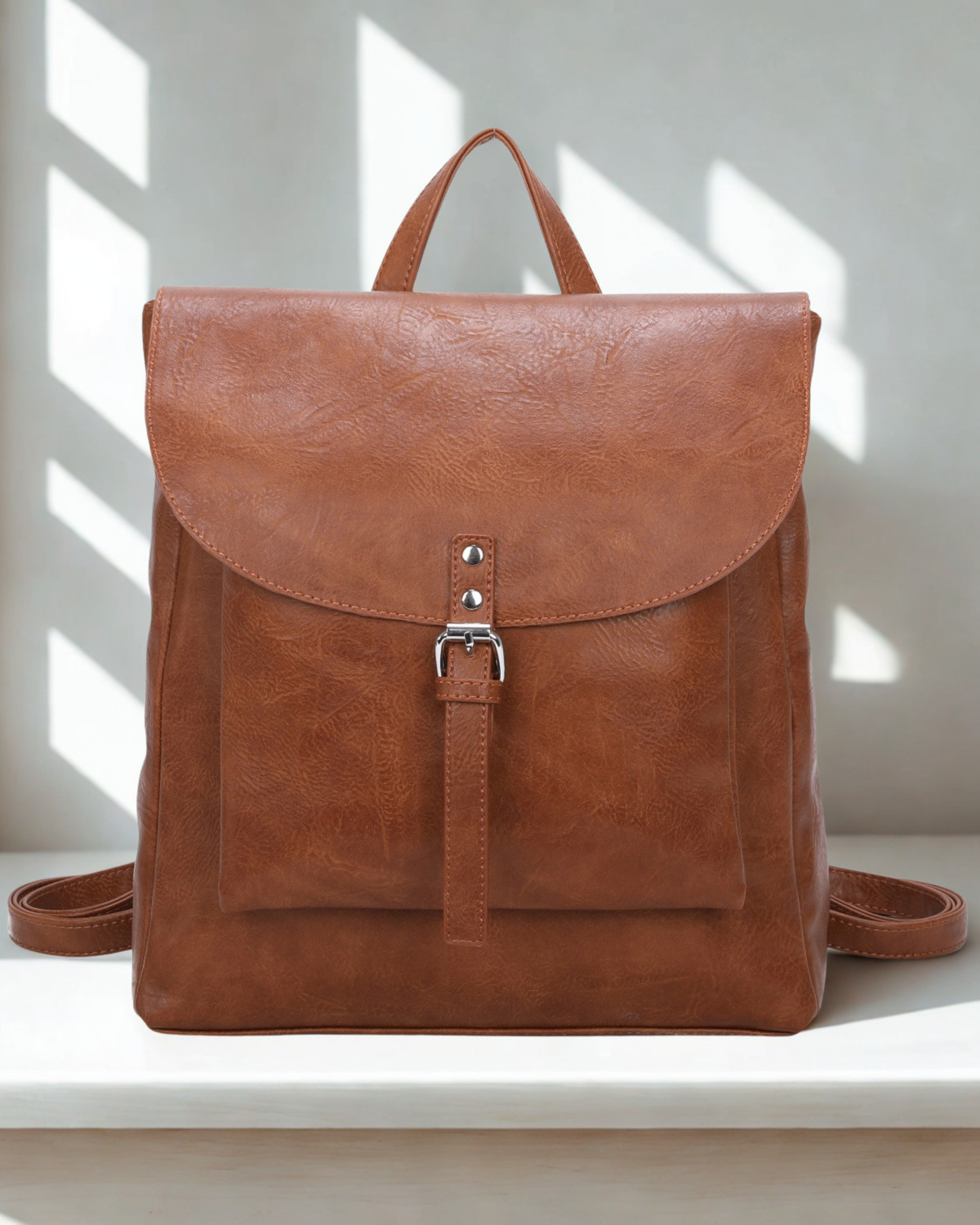 Women Synthetic Leather Look Backpack Flap Over Top Zip Magdot Buckle Bag 33cm