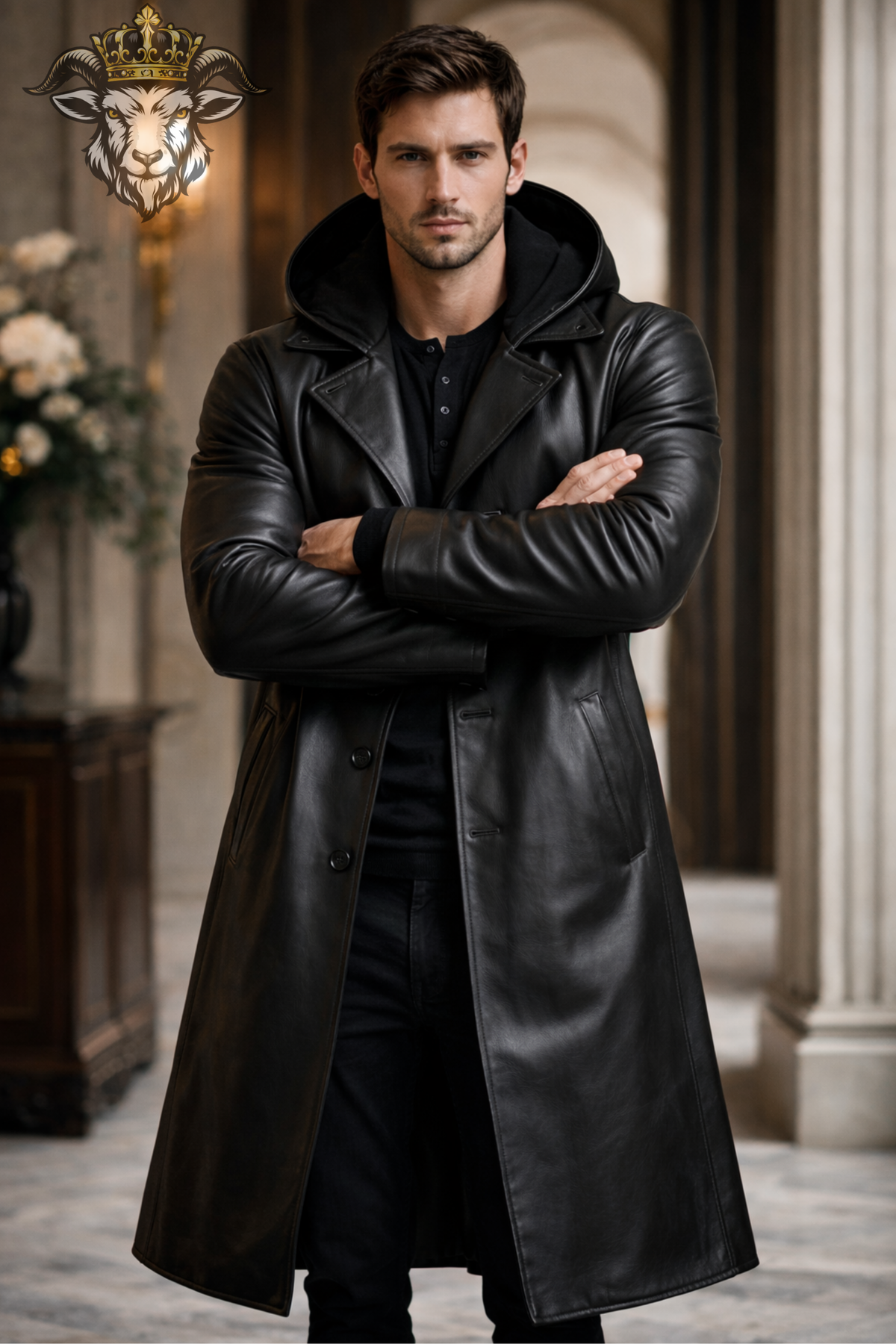 Men's Black Real Leather Hooded Long Coat, Below Knee Leather Trench Coat, Button Closure Winter Overcoat, Gothic Luxury Mens Outerwear