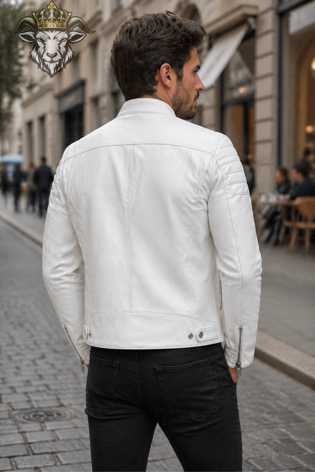 Men's White Faux Leather Biker Jacket, PLANIO Slim Fit Motorcycle Jacket, Quilted Shoulder Moto Jacket, Zipper Pocket Streetwear