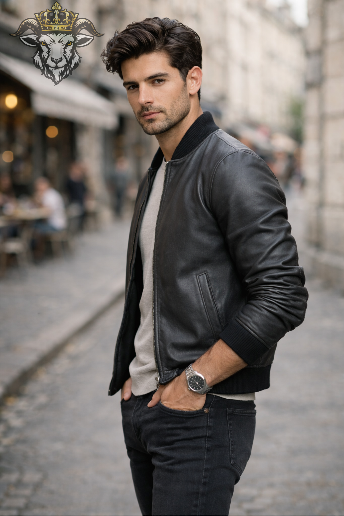 Men's Dark Gray Bomber Jacket, Ribbed Collar Leather Outerwear, Minimalist Zip Up Jacket, Modern Urban Casual Style