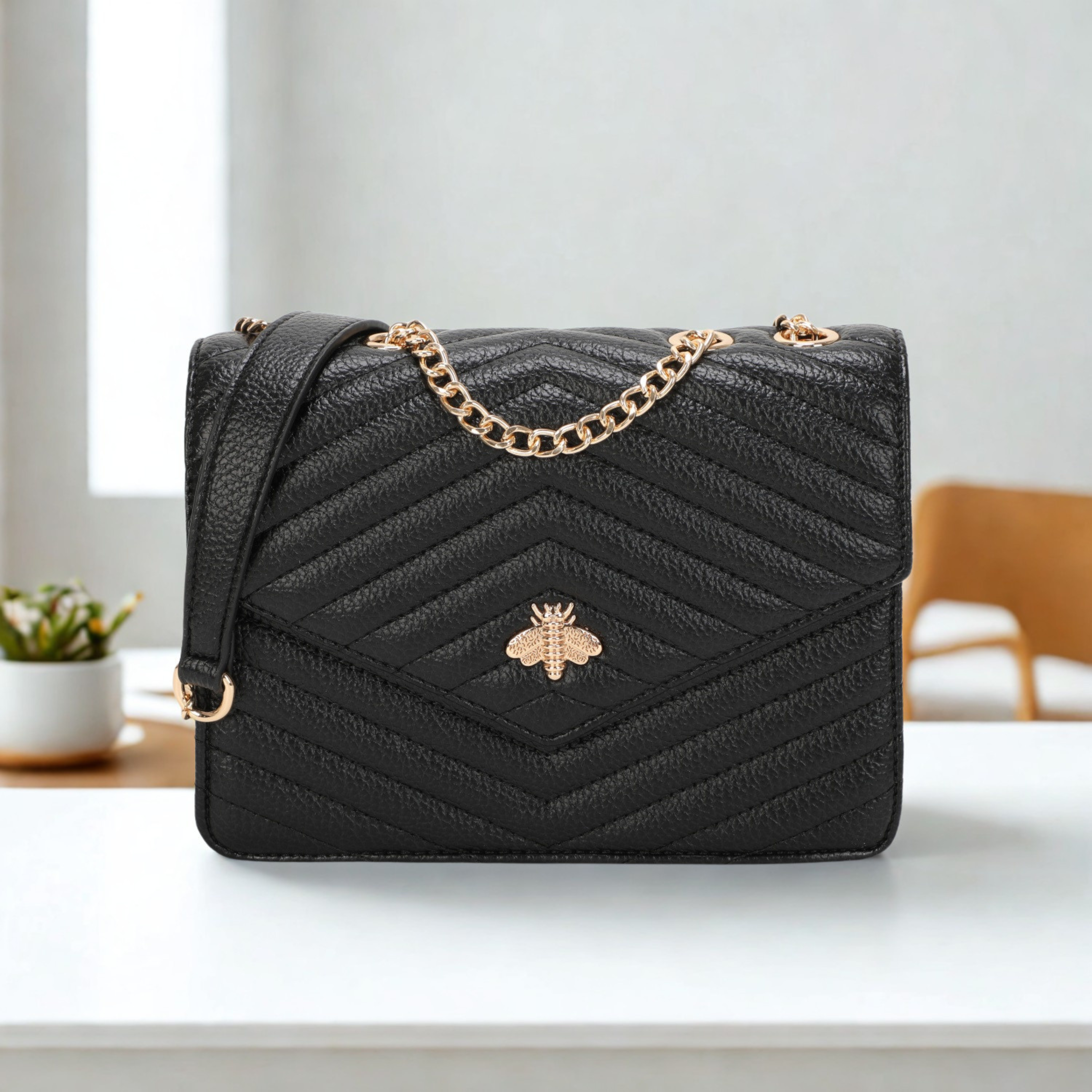 Women’s Quilted Crossbody Bag with Gold Bee Detail – Flap Over Shoulder Handbag with Half Chain Strap
