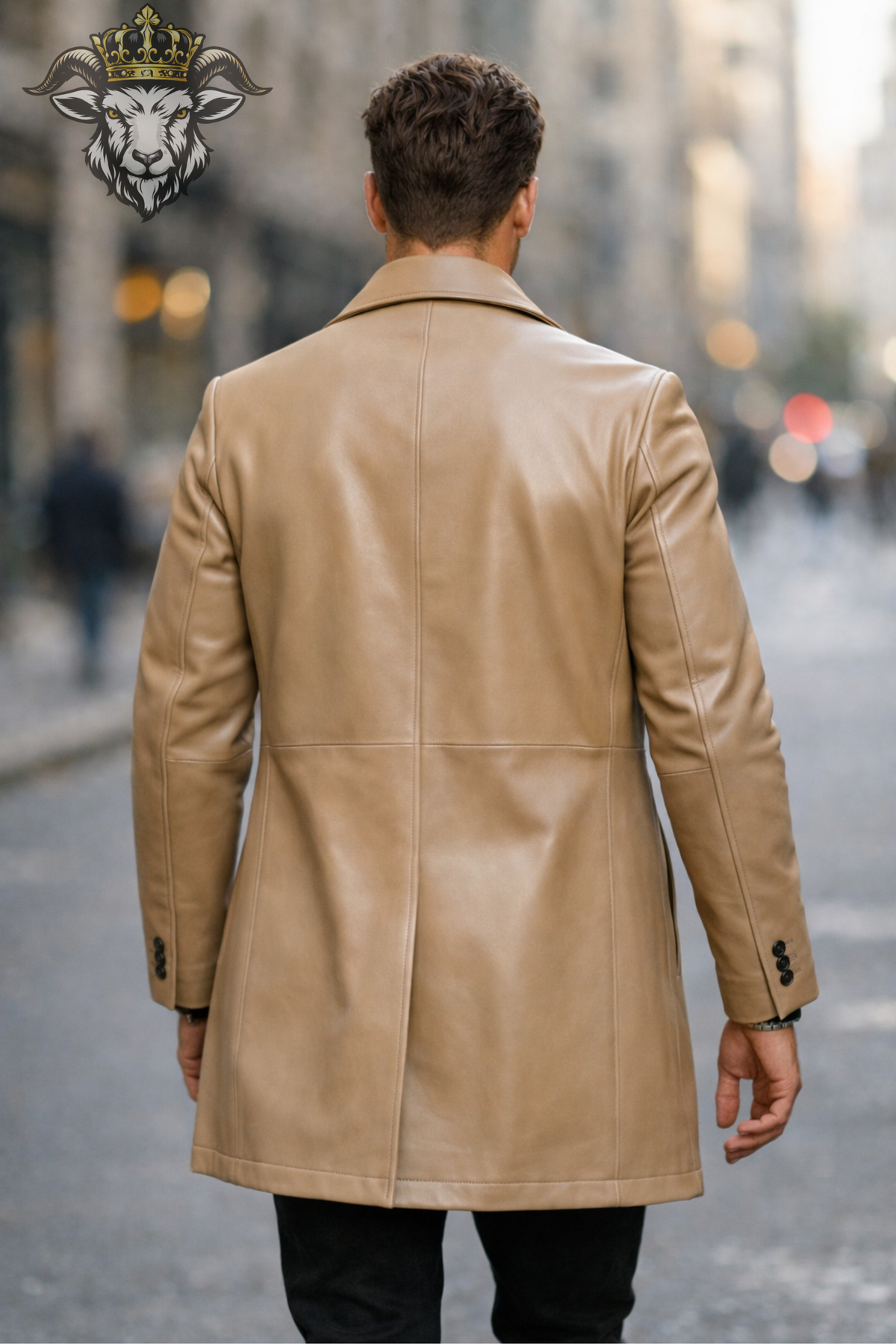 Men's Beige Real Leather Overcoat, Slim Fit Mid-Thigh Coat, Tailored Lapel Jacket, Minimal Classic Leather Outerwear