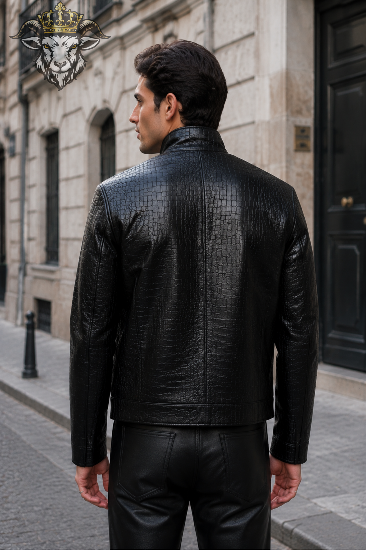 Men’s Black Crocodile Embossed Leather Jacket – Premium Textured Zip-Up Stand Collar Jacket