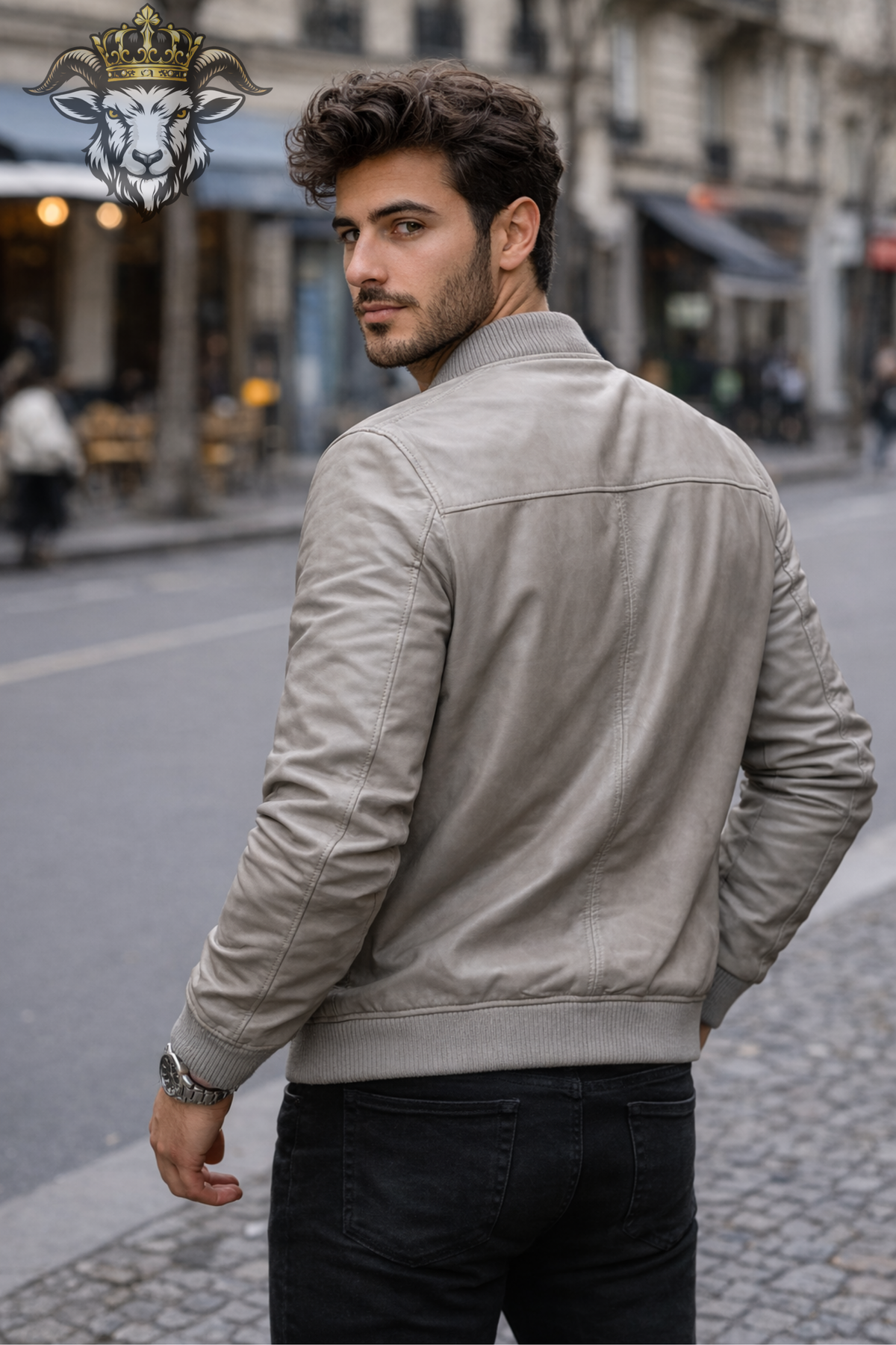 Men's Taupe Leather Bomber Jacket, Light Beige Zip Up Jacket, Ribbed Collar Minimalist Outerwear, Classic Casual Men's Jacket