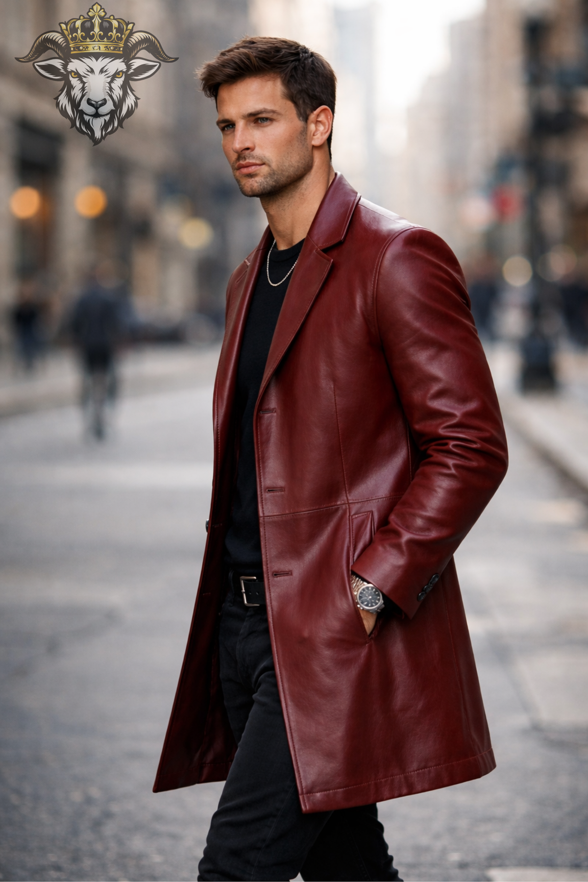 Men's Burgundy Real Leather Coat, Slim Fit Mid-Thigh Overcoat, 3 Button Lapel Jacket, Classic Winter Leather Outerwear