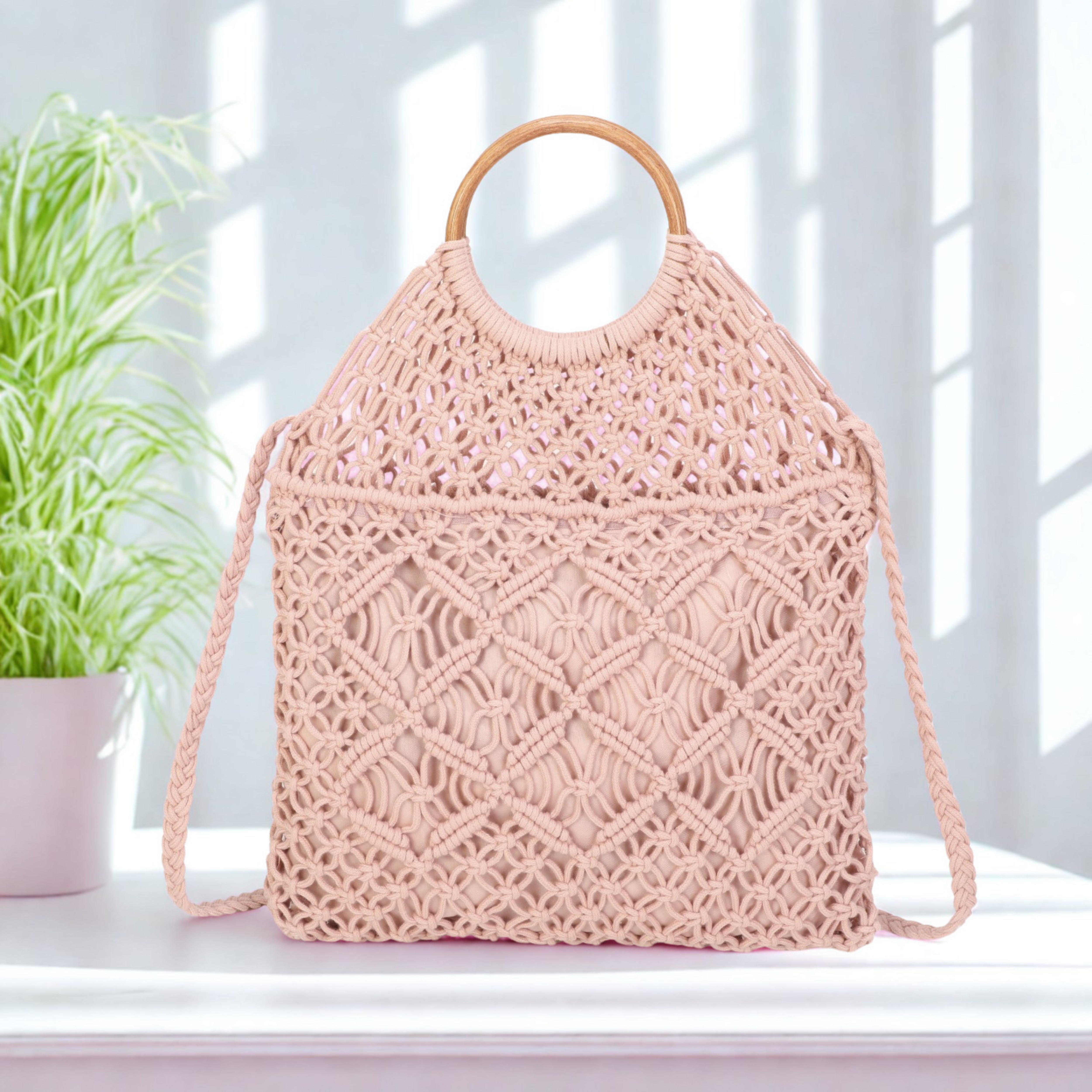 Boho Crochet Handbag with Circle Wooden Handles – Knitted Macramé Shoulder Bag for Women