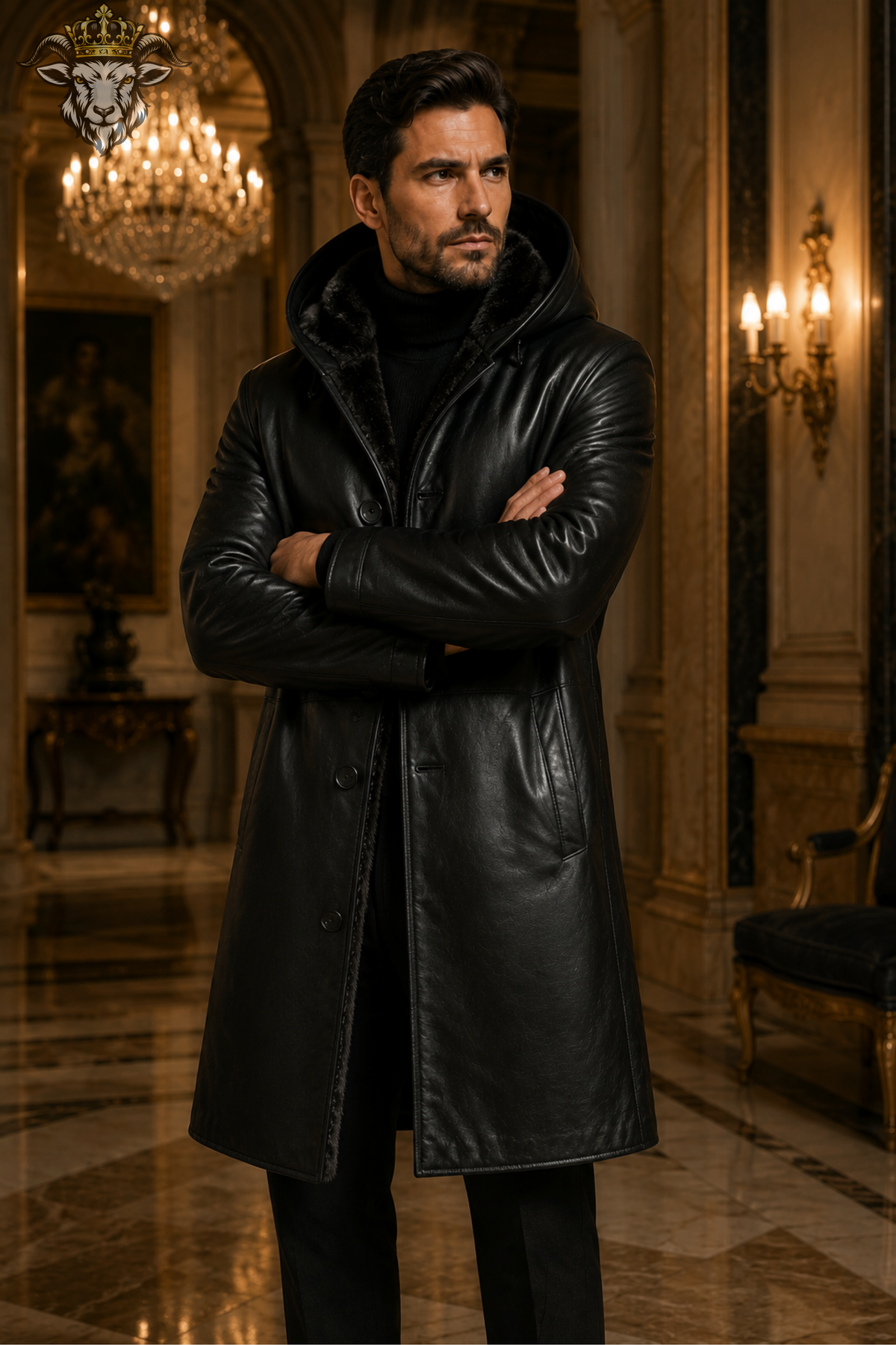 Men Black Genuine Leather Hooded Long Coat, Real Leather Trench Coat, Fur Lined Winter Jacket, Luxury Gothic Overcoat, Stylish Mens Outerwear