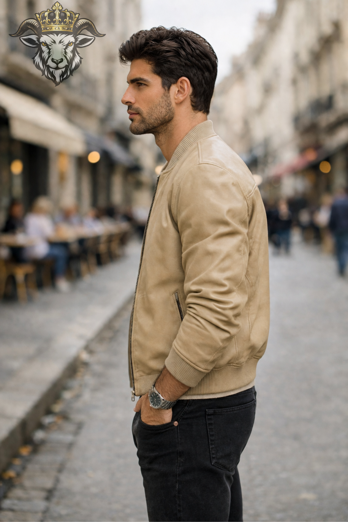 Beige Leather Bomber Jacket for Men, Slim Fit Neutral Jacket, Ribbed Collar Zip Up Outerwear, Minimalist Casual Streetwear