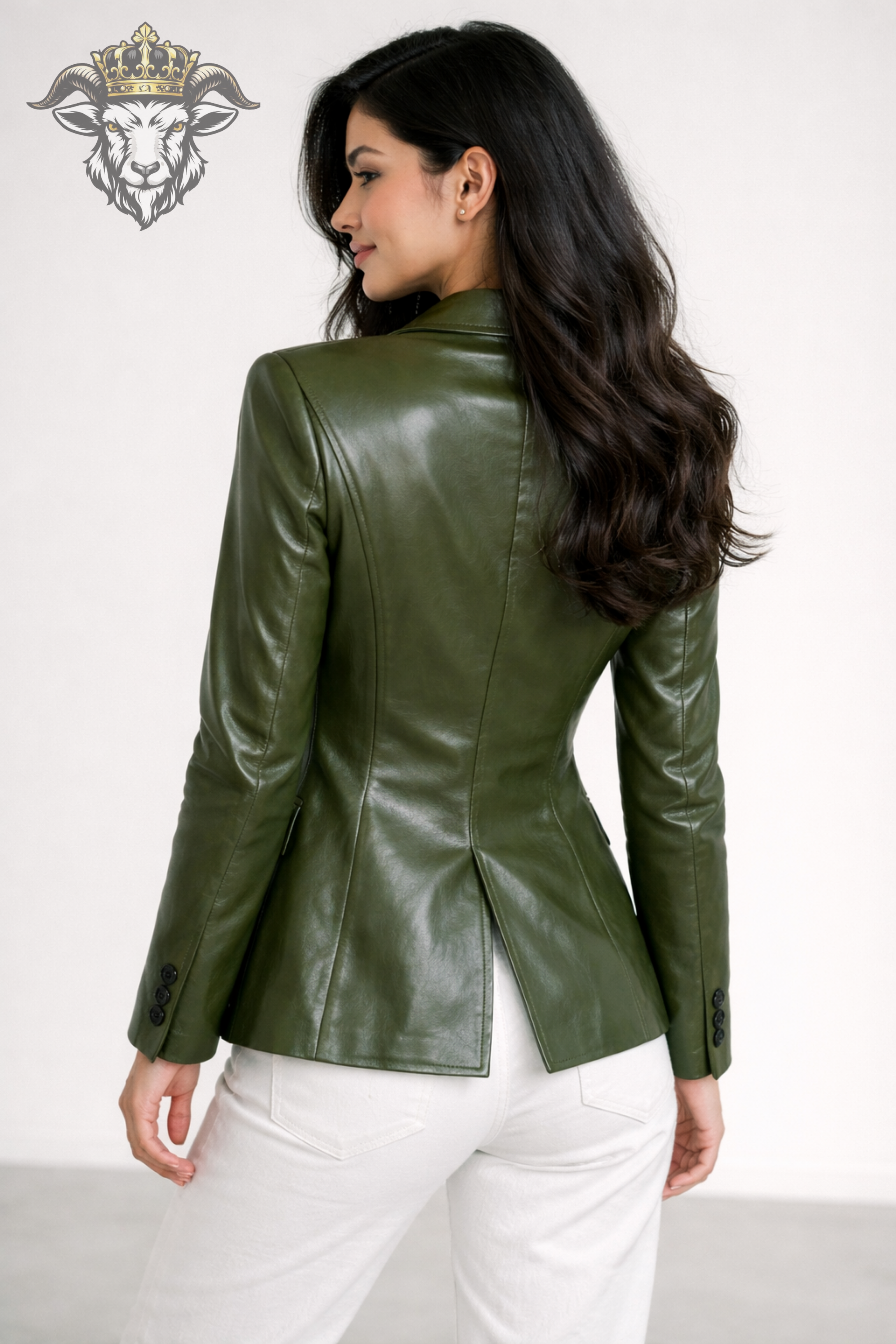 Women’s Olive Green Real Leather Blazer – Premium Tailored Fit Two Button Jacket