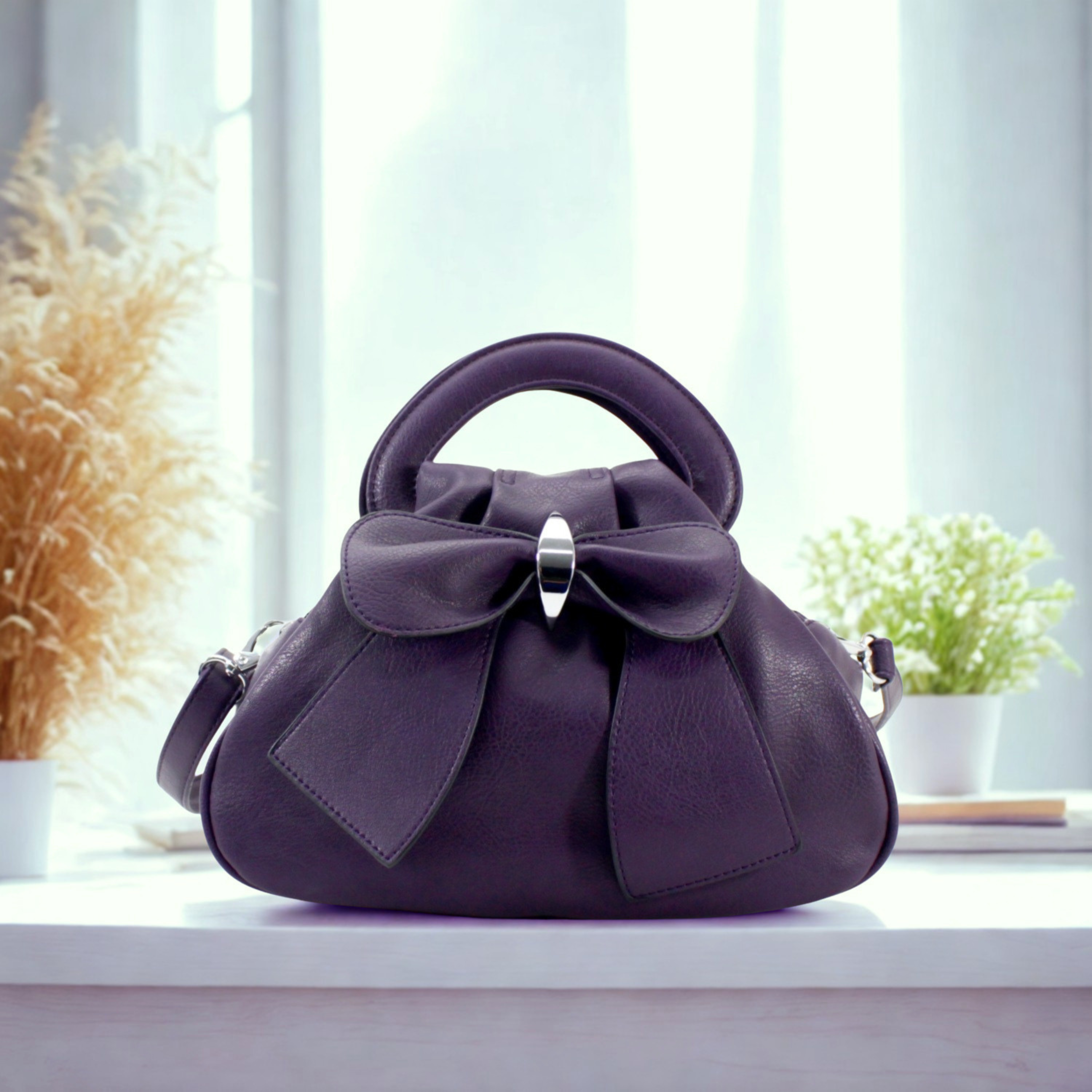 Ladies Bow Grab Bag Synthetic Handbag Crossbody Shoulder Bag 3 Zip Closure