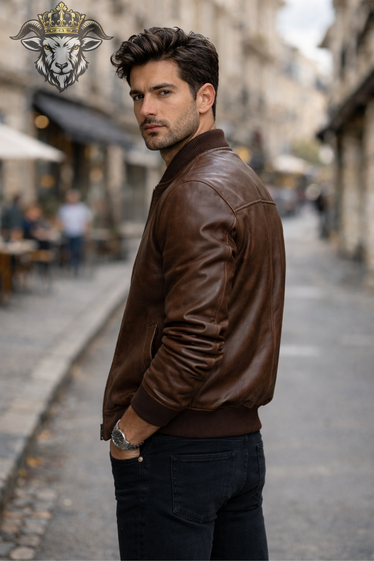 Men's Brown Leather Bomber Jacket, Real Leather Slim Fit Jacket, Vintage Inspired Zip Outerwear, Ribbed Collar Casual Streetwear Coat