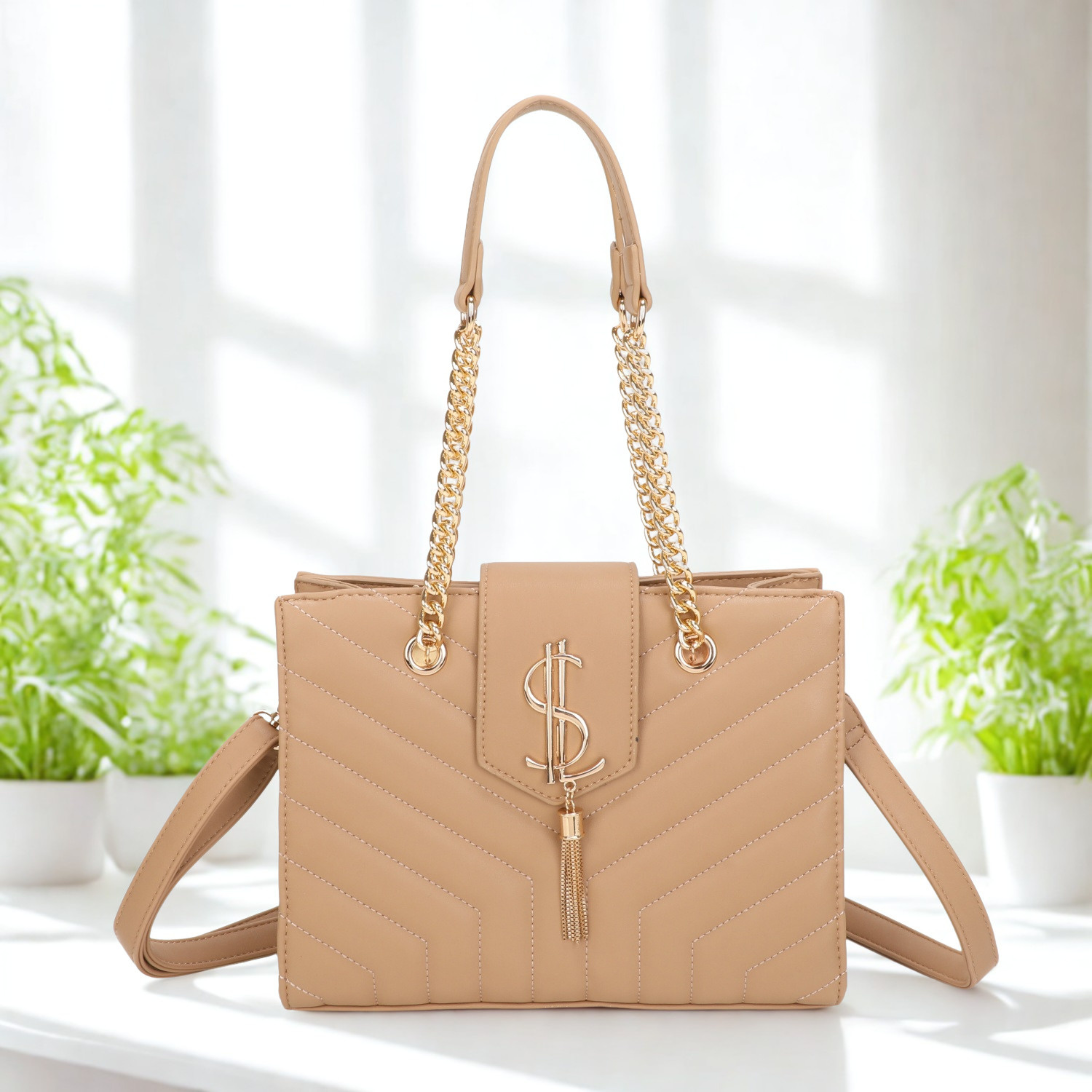 Women’s Quilted Shoulder Bag with Gold Chain Handles, Detachable Crossbody Strap