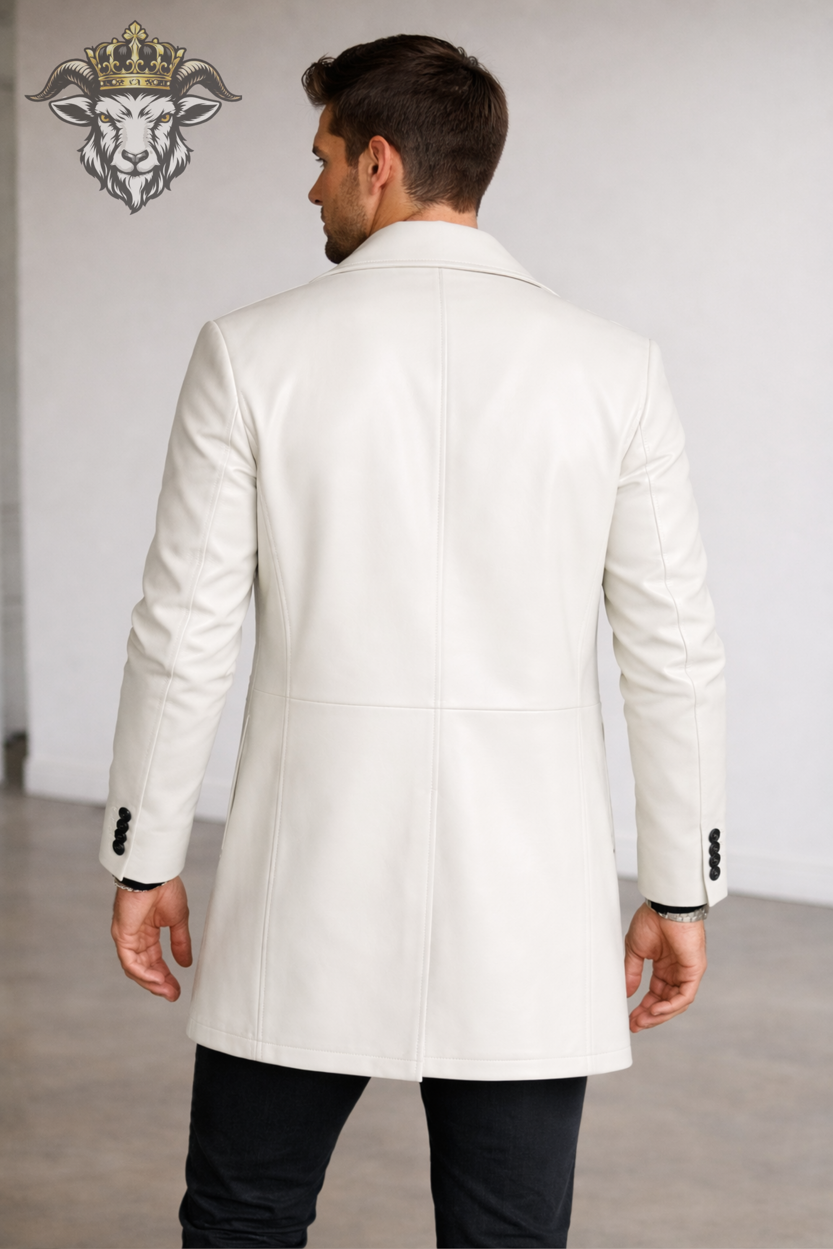Men’s White Real Leather Coat – Mid-Thigh Length Premium Tailored Jacket with 3-Button Design, Modern Slim Fit Overcoat