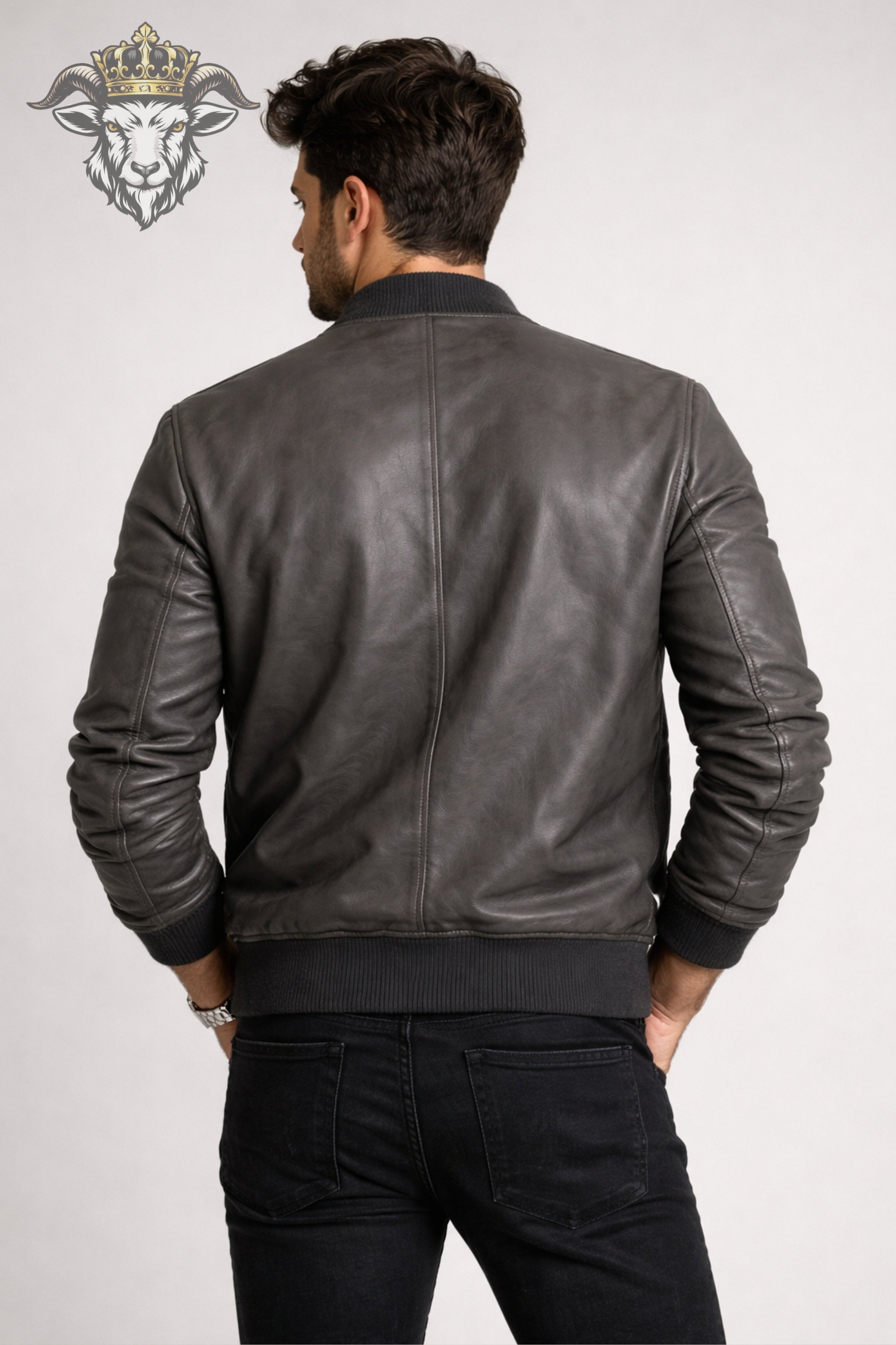 Men’s Grey Real Leather Bomber Jacket