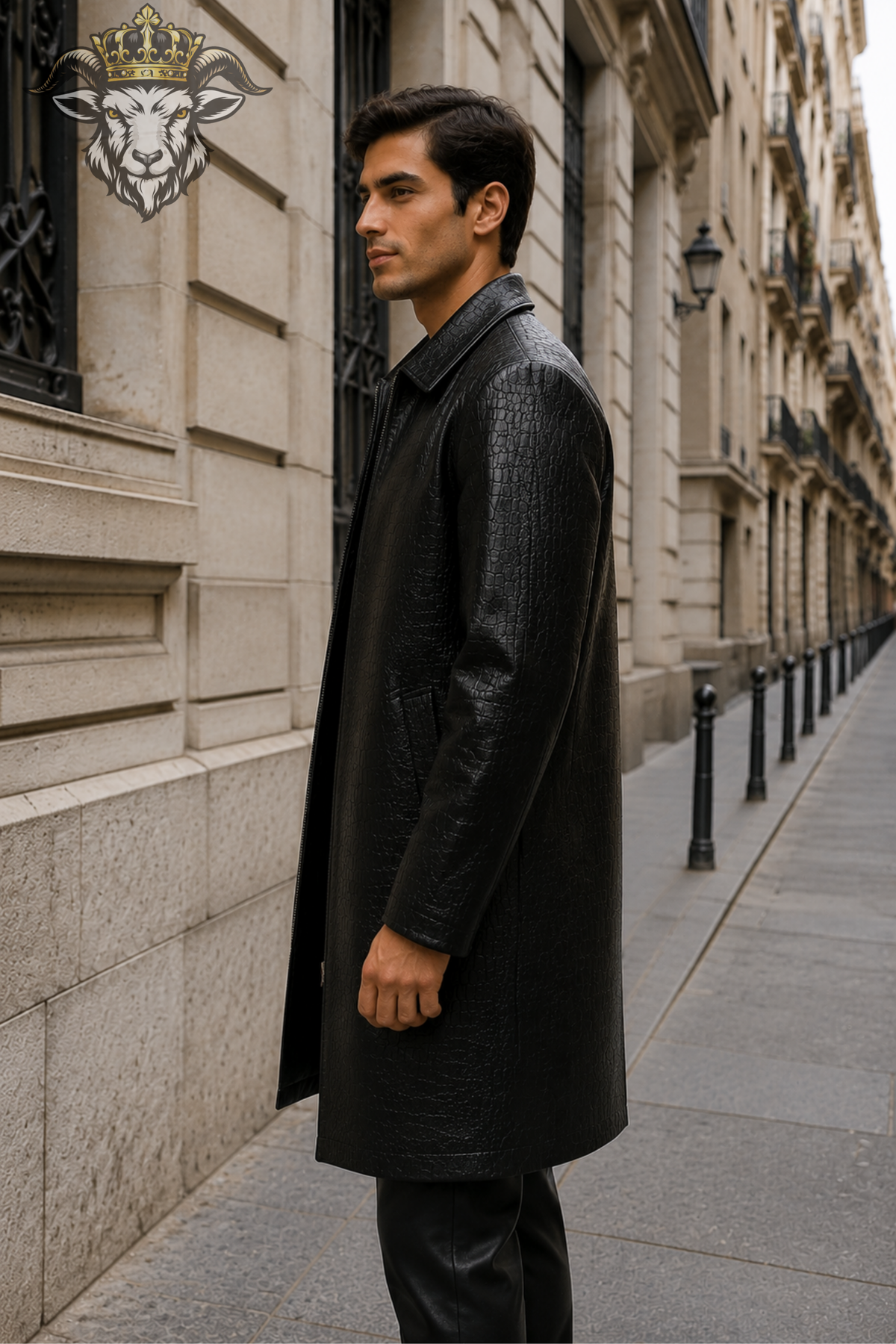 Men’s Black Crocodile Embossed Leather Coat, Long Zip Up Jacket, Premium Tailored Outerwear, Modern Streetwear, Elegant Minimalist Coat