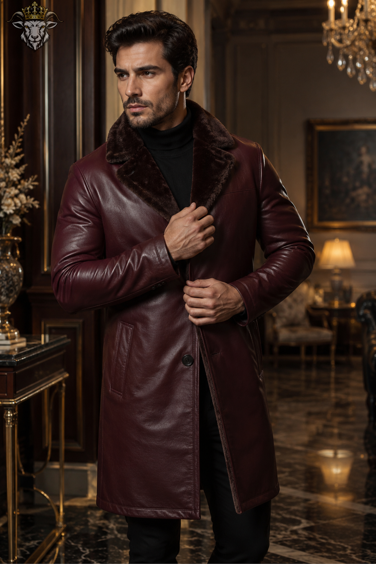 Men's Burgundy Real Leather Long Coat, Faux Fur Lined Leather Overcoat, Tailored Winter Coat, Vintage Luxury Outerwear