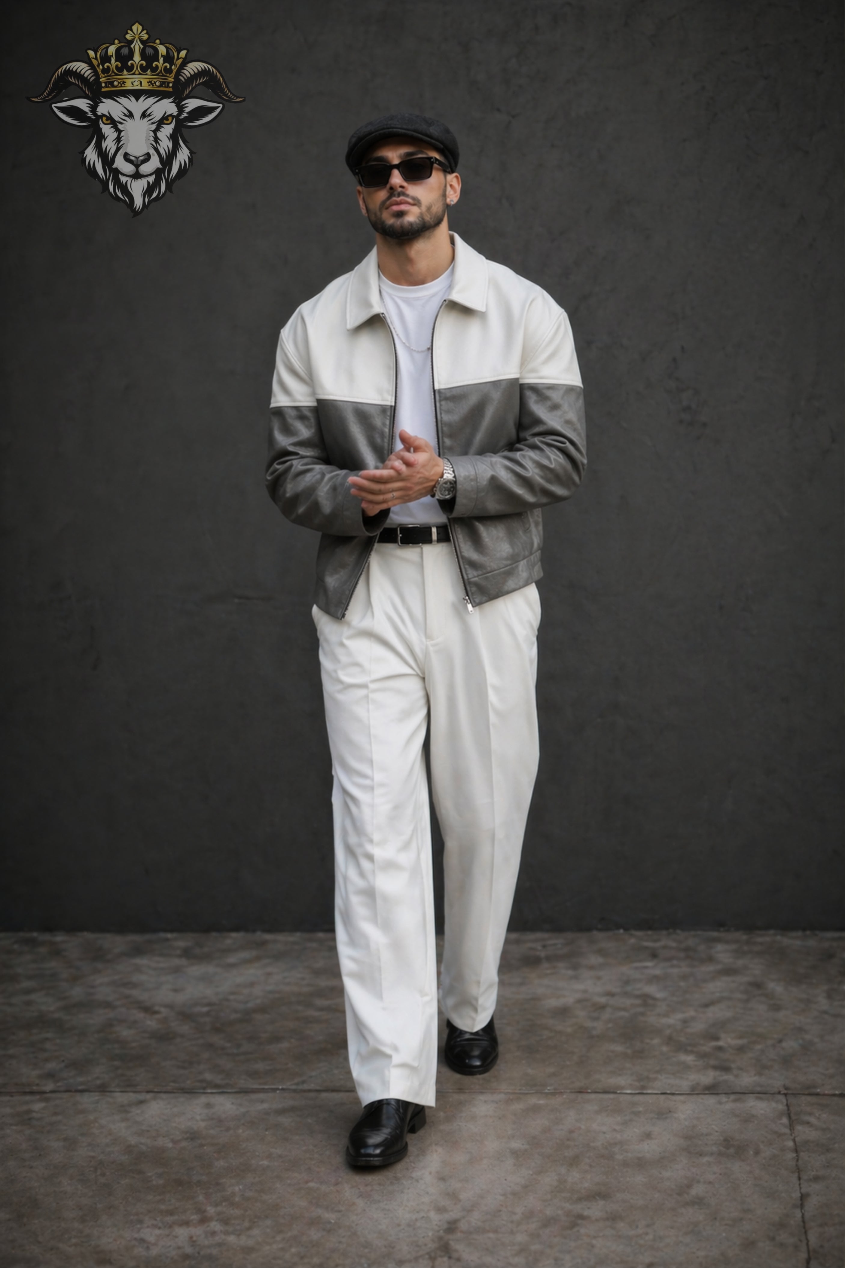 Men’s Two-Tone(Grey/White) Oversize Real Leather Bomber Jacket