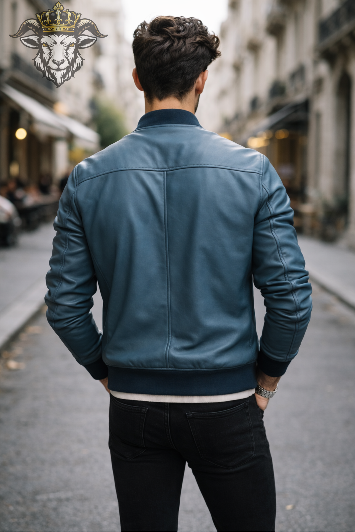 Men's Cyan Leather Bomber Jacket, Slim Fit Zip-Up Jacket, Ribbed Collar Streetwear Outerwear, Modern Casual Moto Jacket