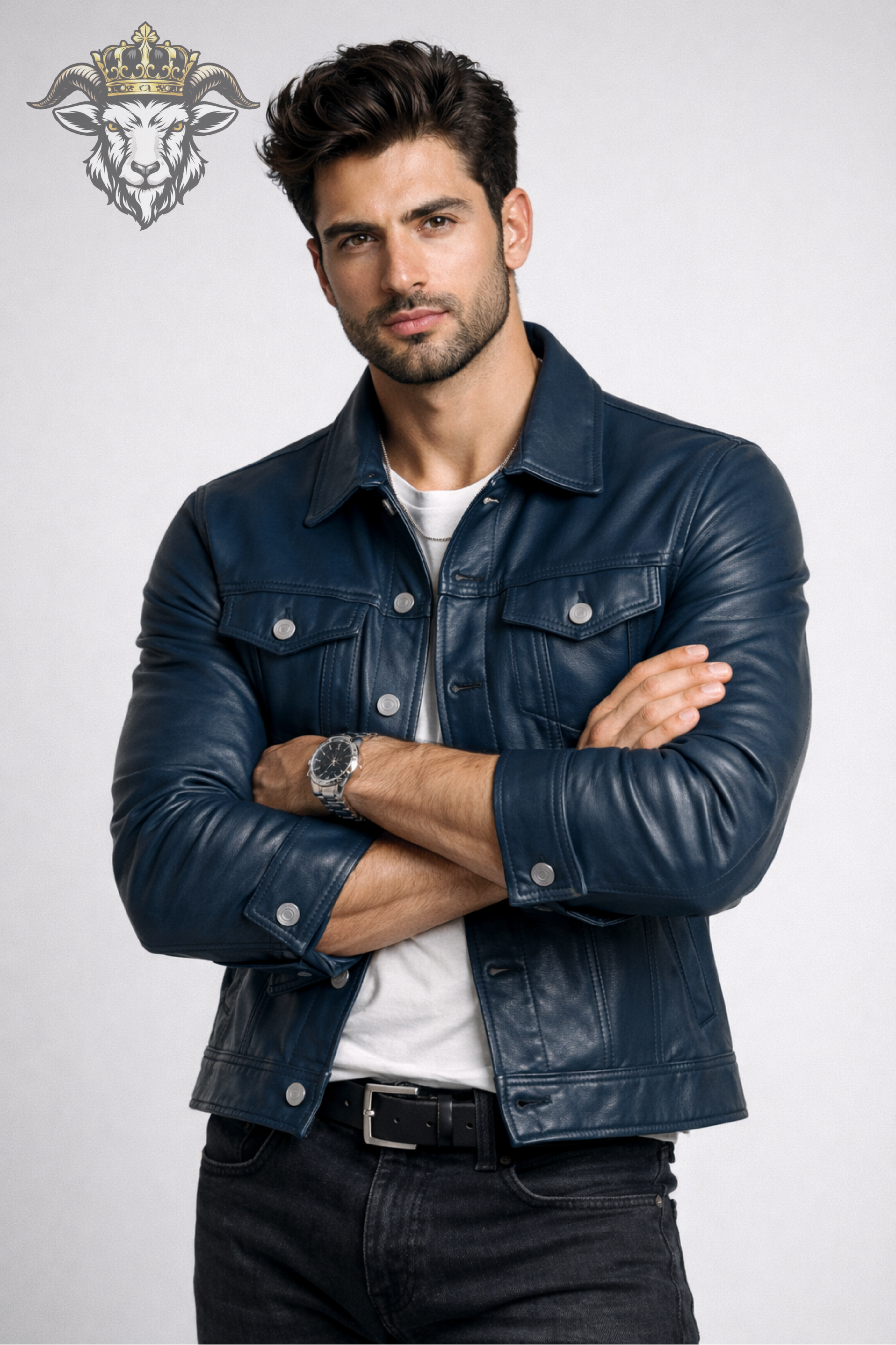Men’s Blue Real Leather Trucker Jacket