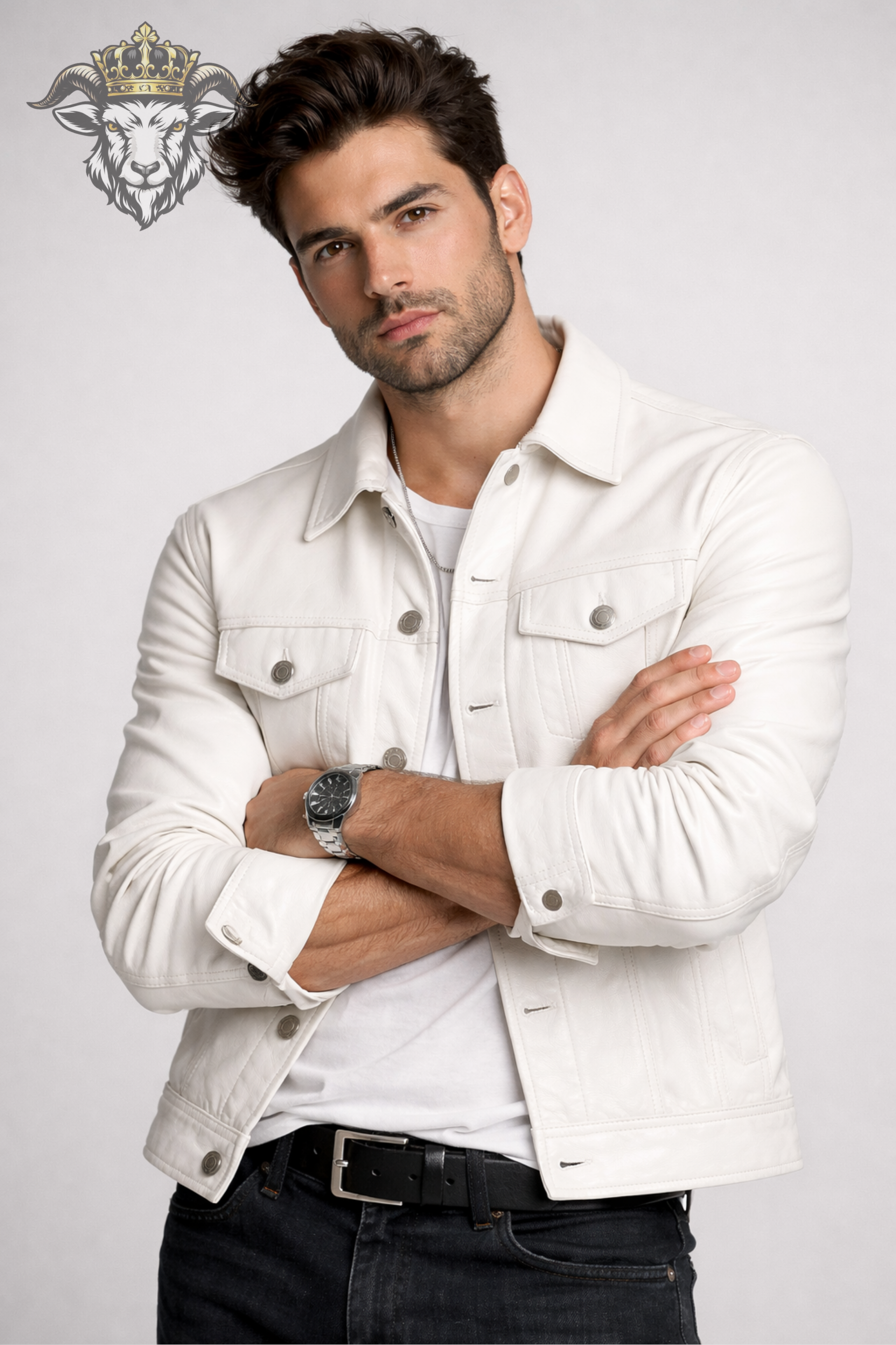 Men’s White Real Leather Trucker Jacket