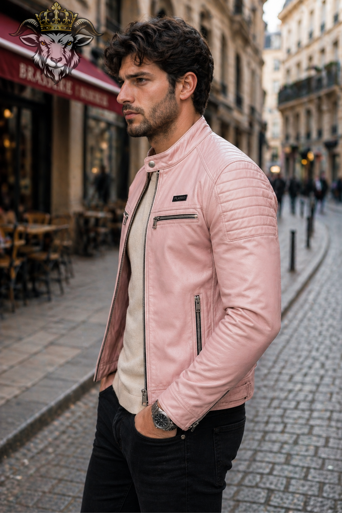 Men's Baby Pink Real Leather Biker Jacket – Slim Fit Motorcycle Jacket, PLANIO Cafe Racer Moto Jacket, Quilted Leather Jacket for Men