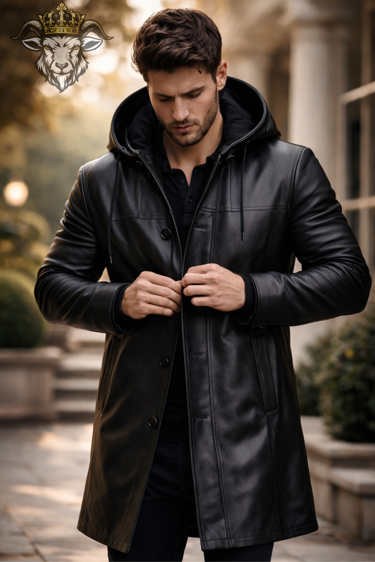 Men's Black Real Leather Hooded Long Coat, Men's Leather Trench Coat, Above Knee Winter Jacket, Gothic Streetwear, Button Front Outerwear