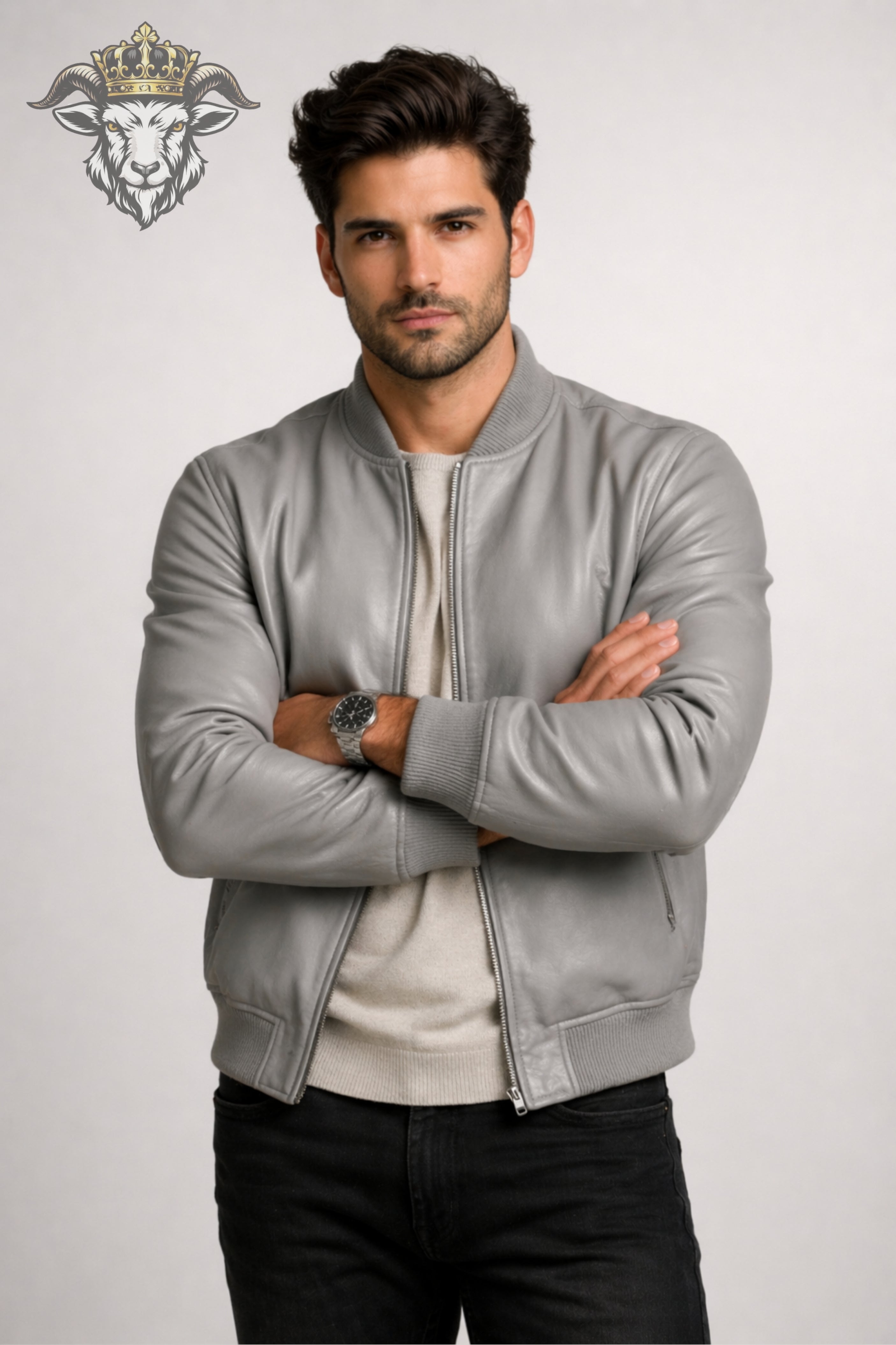Men’s Light Grey Real Leather Bomber Jacket