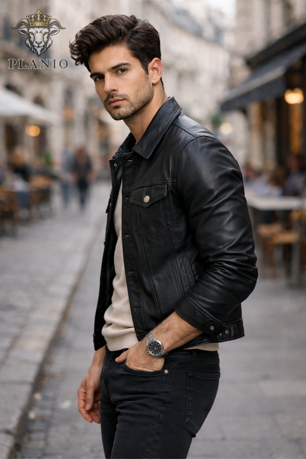 Men’s Black Leather Trucker Jacket – Classic Button Front Slim Fit Biker Style Coat