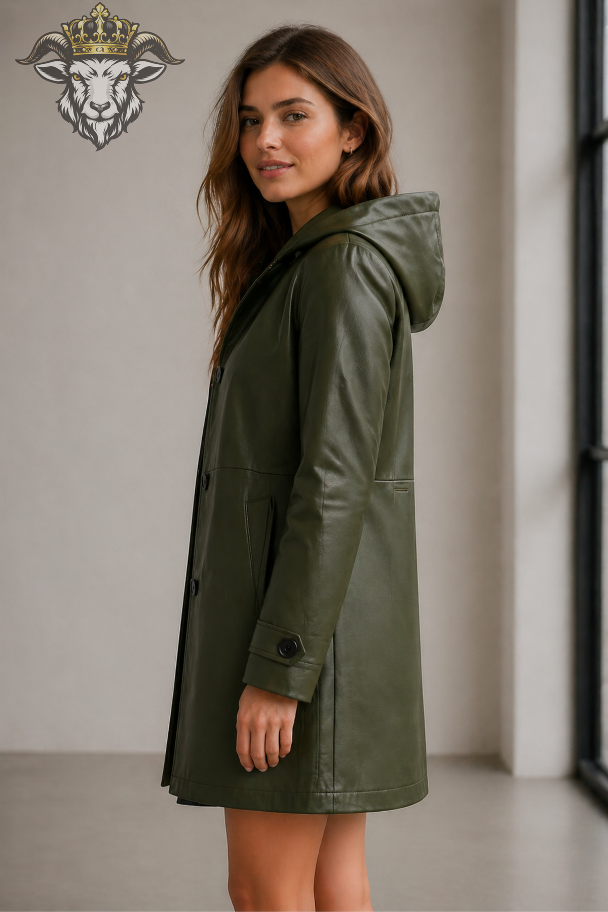 Olive Green Leather Hooded Coat for Women, Tailored Mid-Thigh Jacket, Button Front Winter Outerwear, Elegant Minimalist Leather Coat