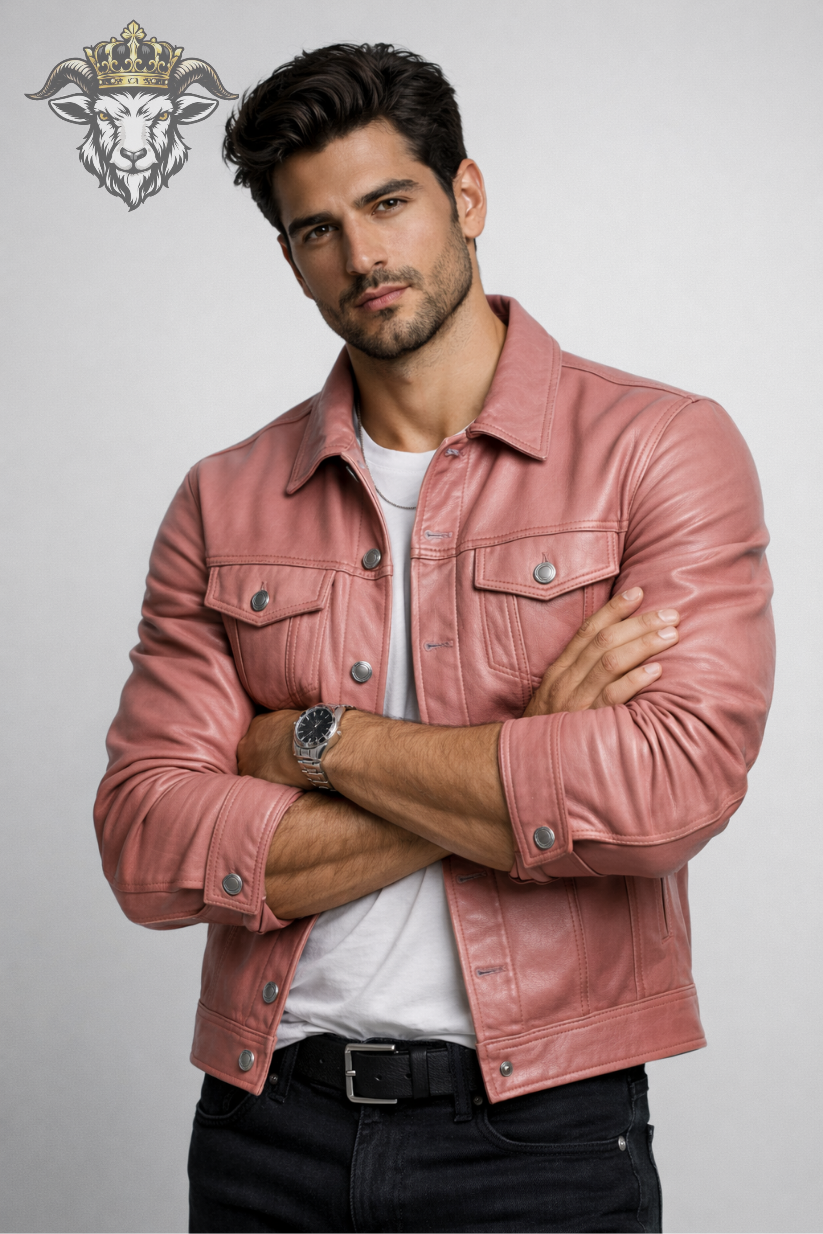 Men’s Pink Real Leather Trucker Jacket