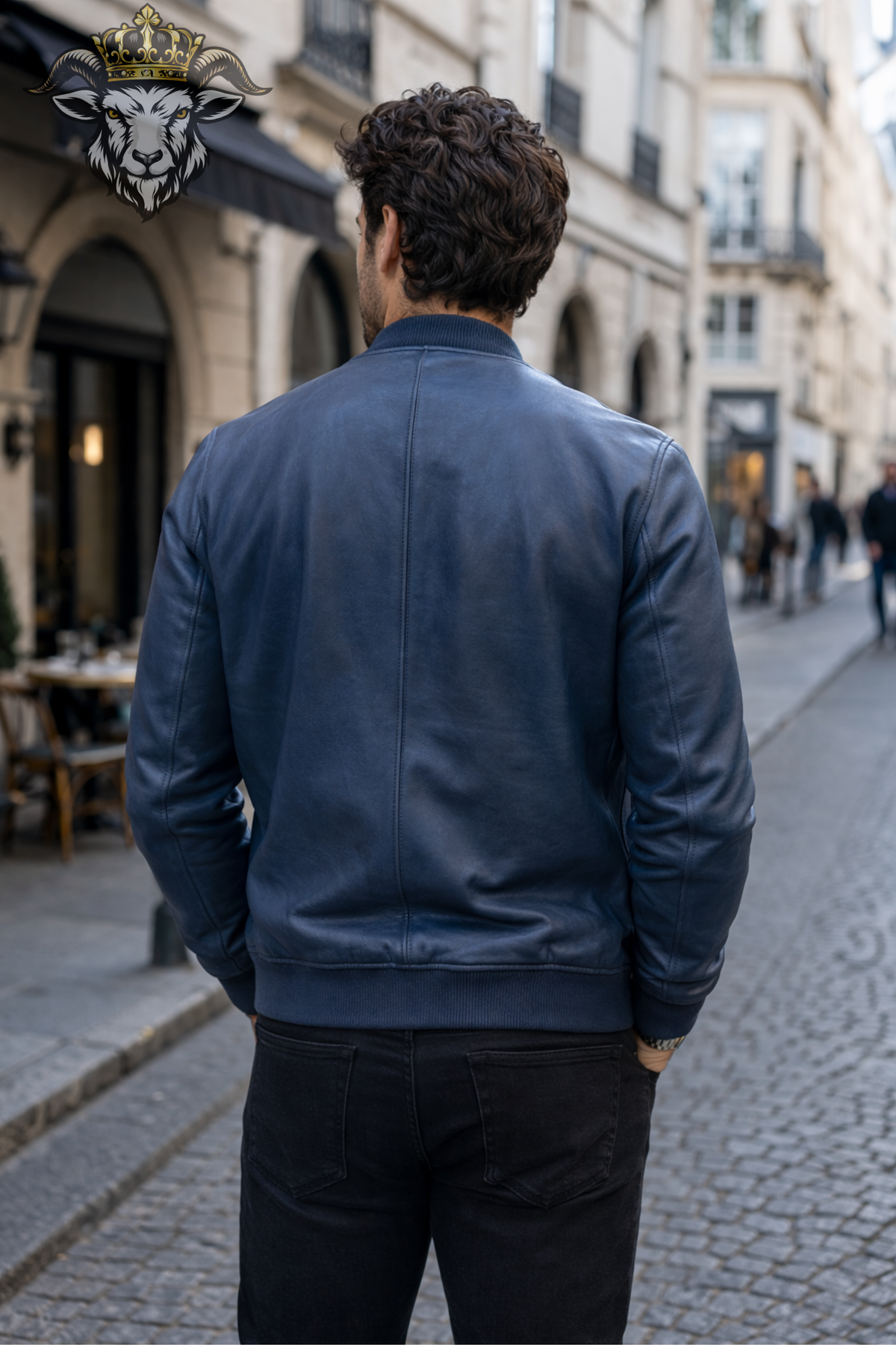 Men's Blue Leather Bomber Jacket, Classic Zip Front Jacket, Ribbed Collar & Cuffs, Modern Casual Streetwear, Stylish Men's Outerwear
