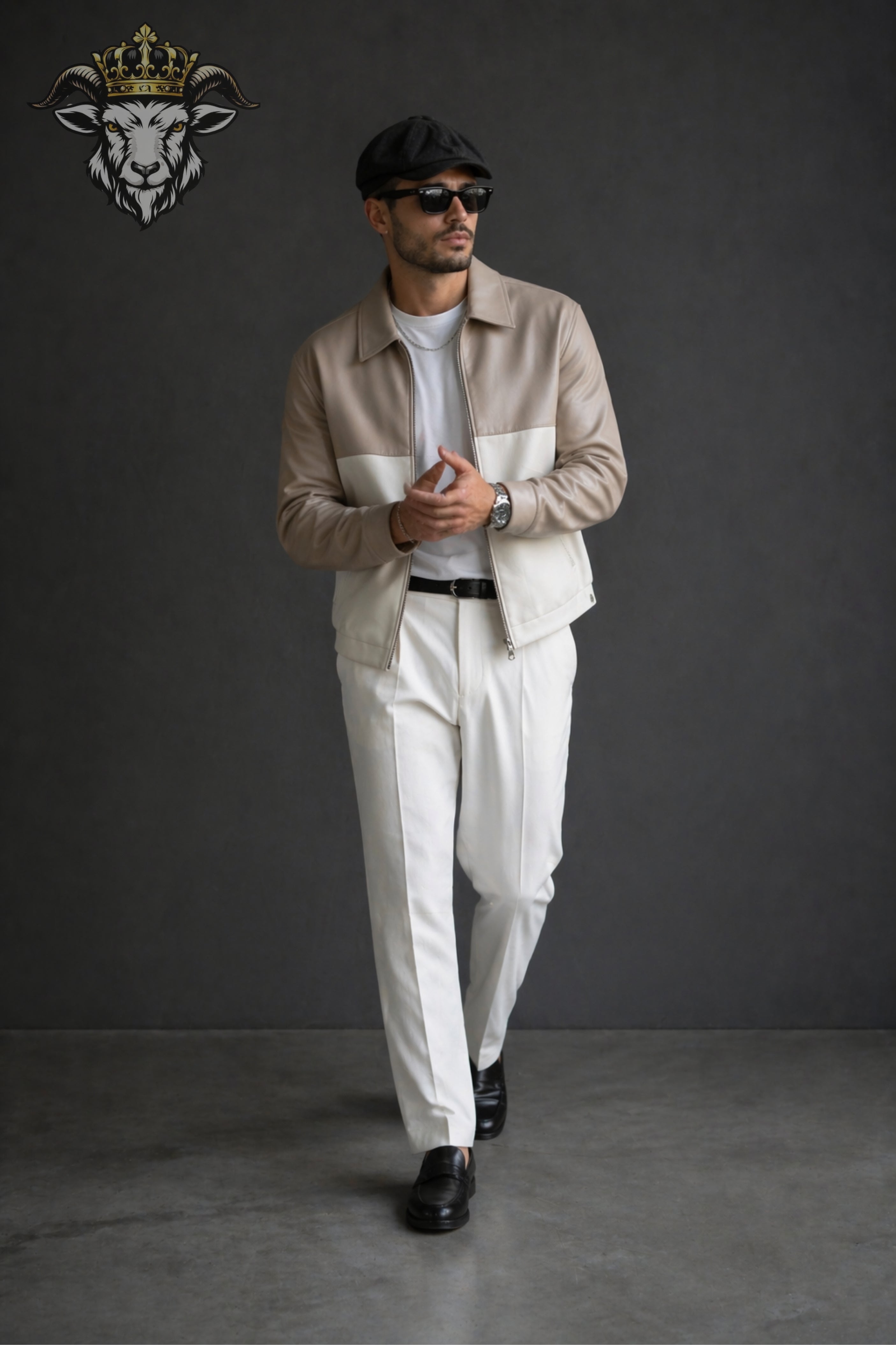 Men’s Two-Tone(Beige/Cream) Oversize Real Leather Bomber Jacket