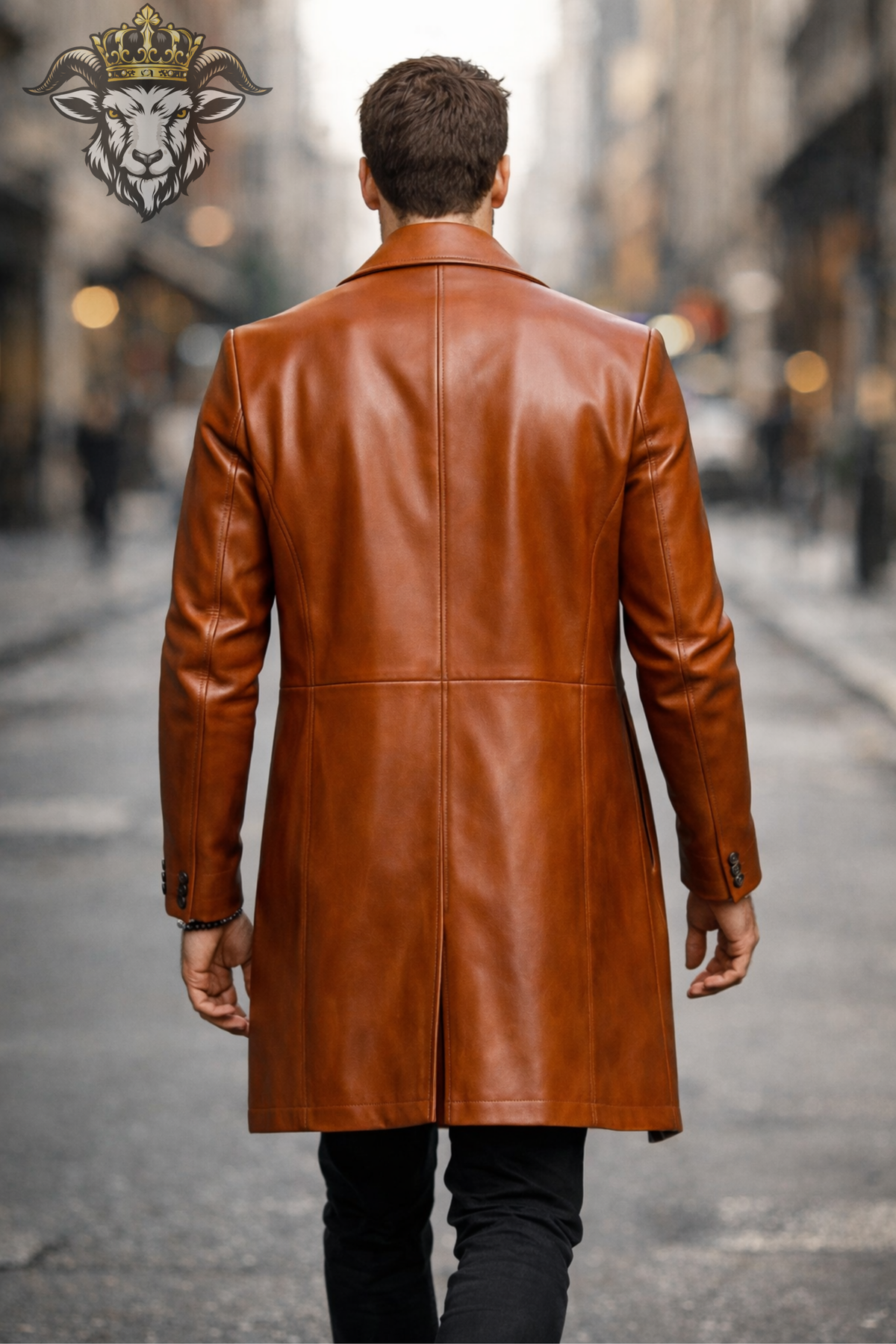 Men's Burnt Orange Leather Overcoat, Slim Fit Long Coat, Classic Notch Lapel Jacket, Three Button Front, Luxury Style Outerwear