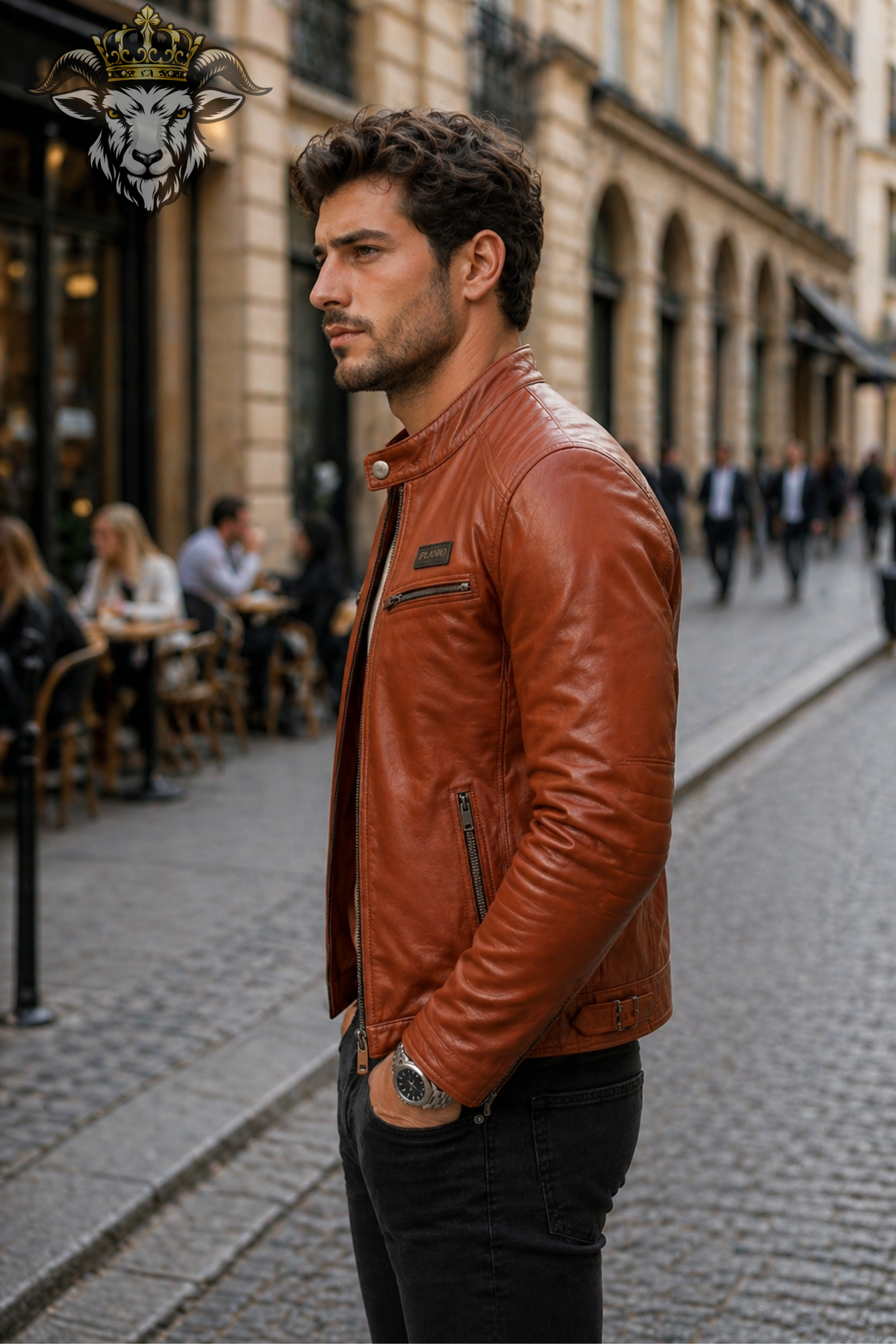 Men’s Burnt Orange Real Leather Biker Jacket – Slim Fit Café Racer Moto Jacket with Zip Pockets & Snap Collar