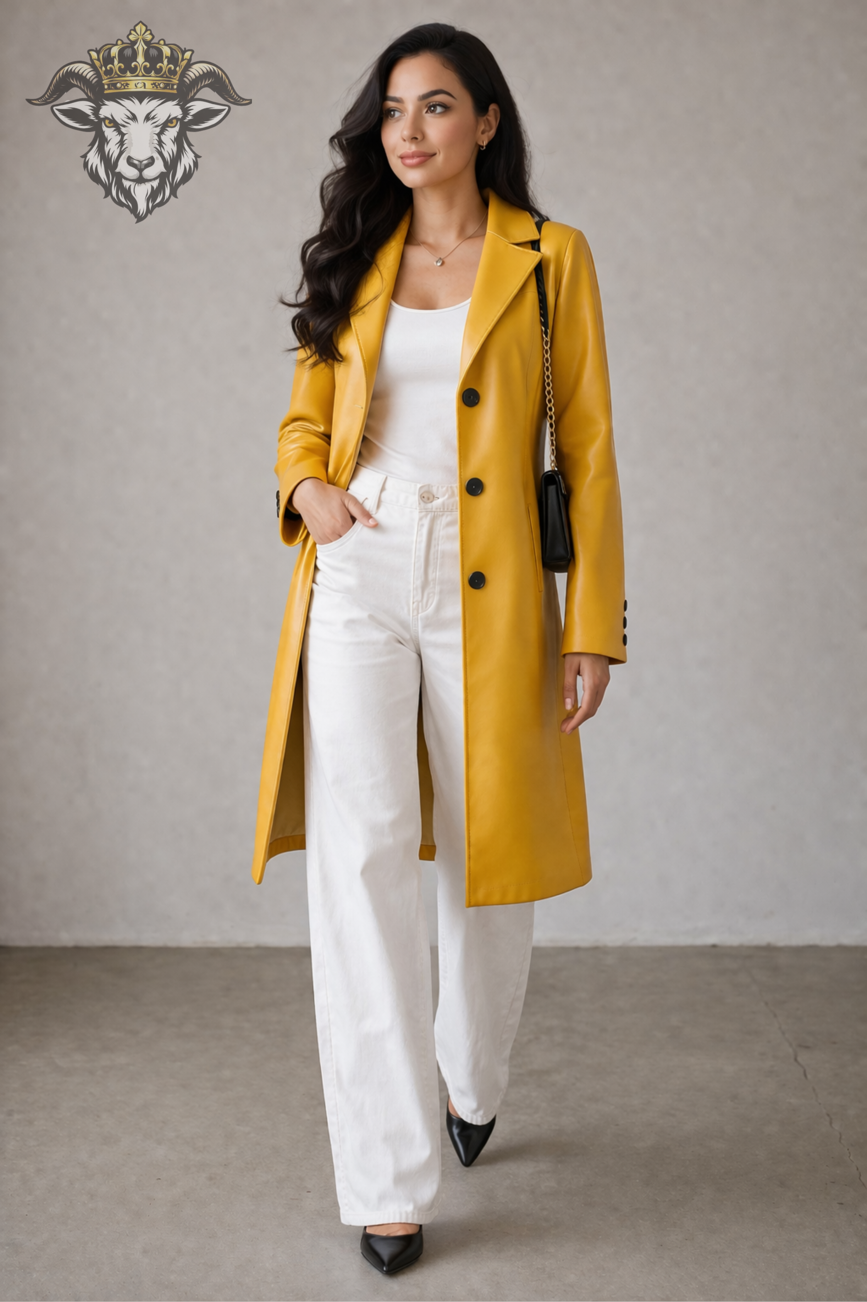 Women’s Real Leather Yellow Trench Coat